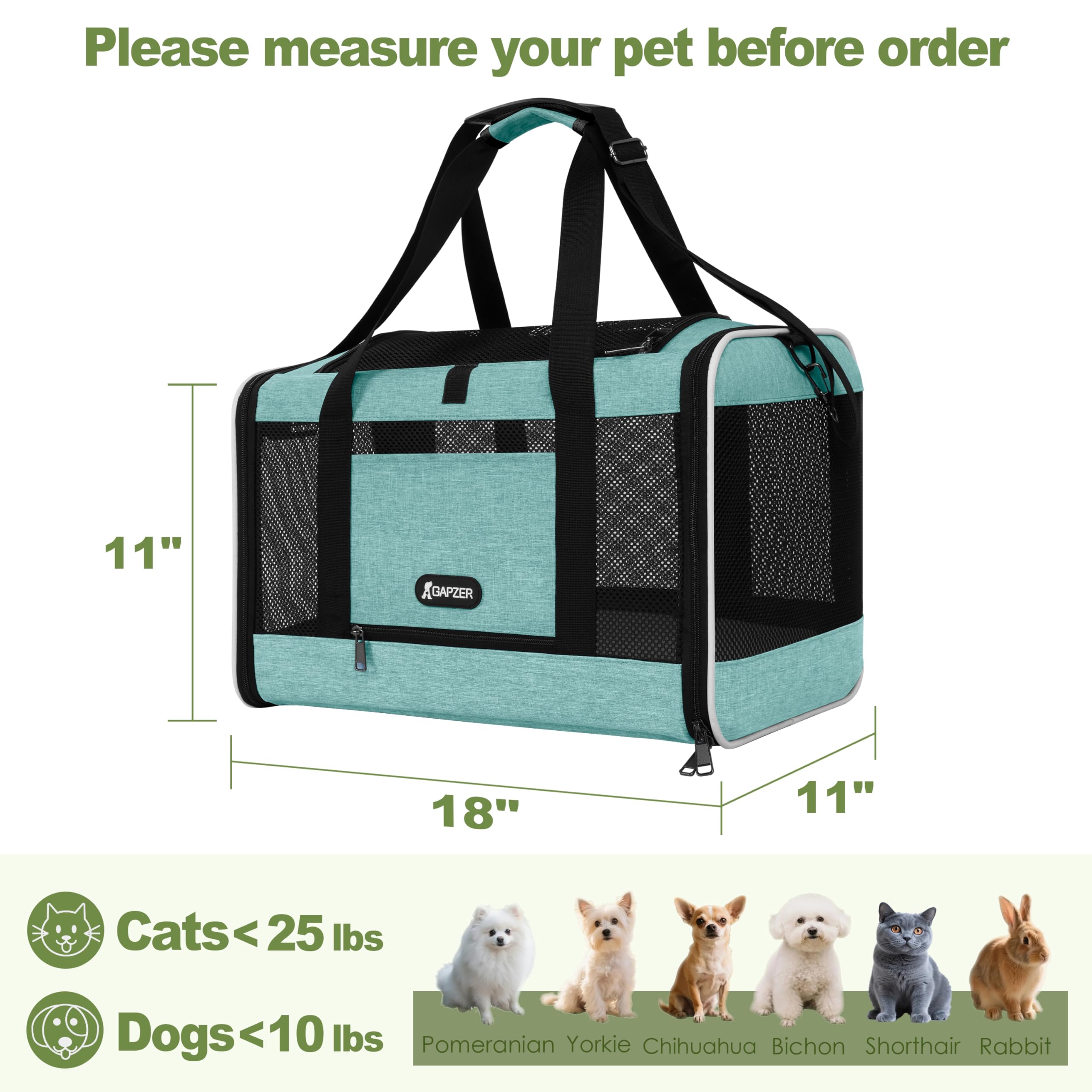 GAPZER Cat Carrier 18x11x11 TSA Approved Ventilated Top Open Softsided Pet Air Travel Bag, Small Animal Basic Crate Shih Tzu Dog