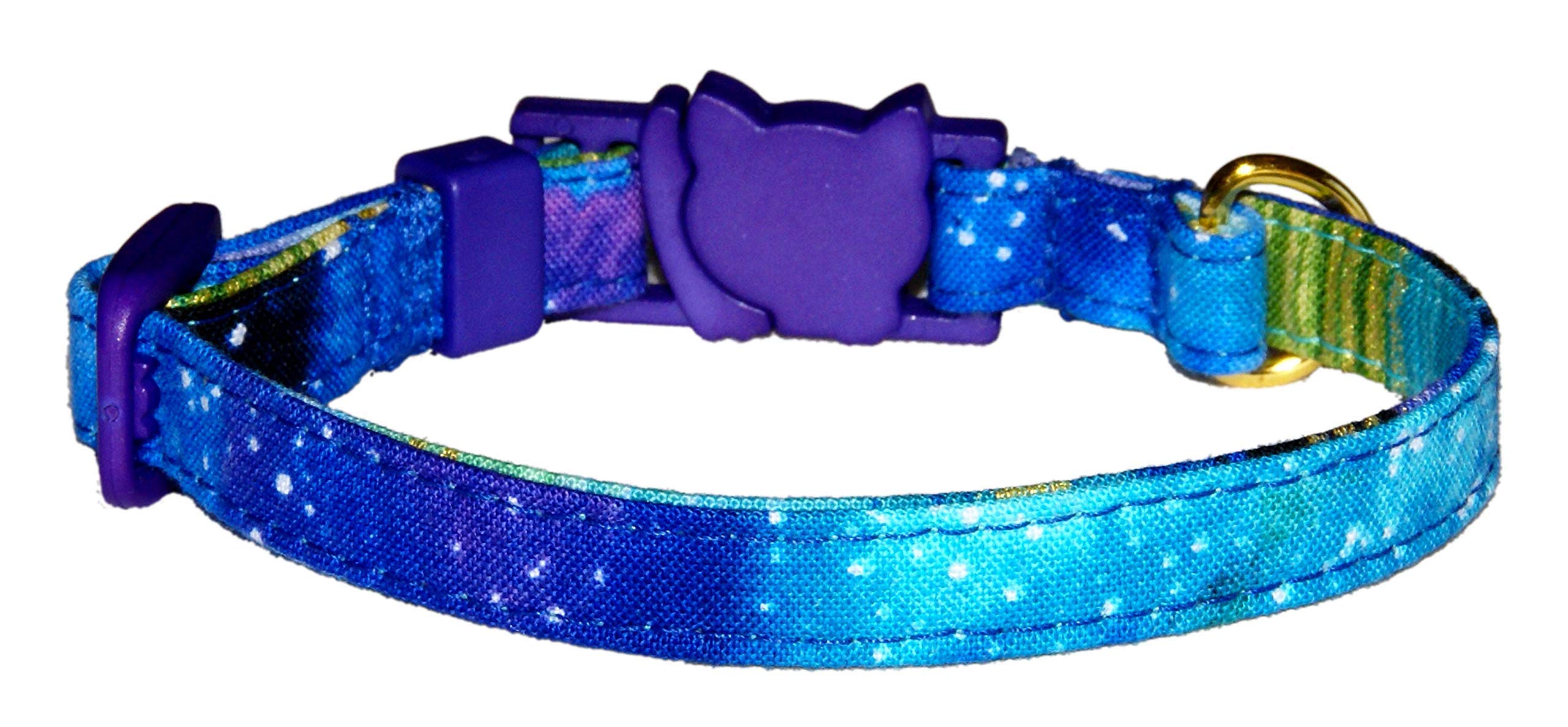 Galaxy Cat Collar - Outer Space Cosmos Of Blue And Purple - 100% Cotton - 3/8 Inch Wide - 2 Sizes - Breakaway Safety Buckle- Han