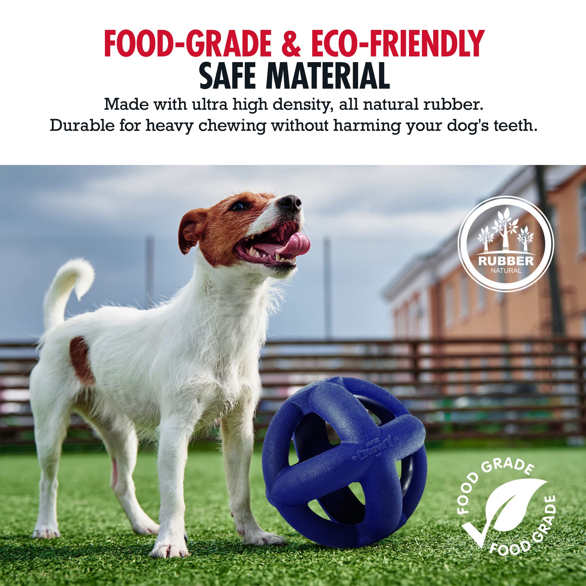 Tuff Pupper SuperChewer Tough Dog Cage Ball Toy - Large 4" Natural Rubber, Blue, Durable for Aggressive Chewers, Lifetime Replacement