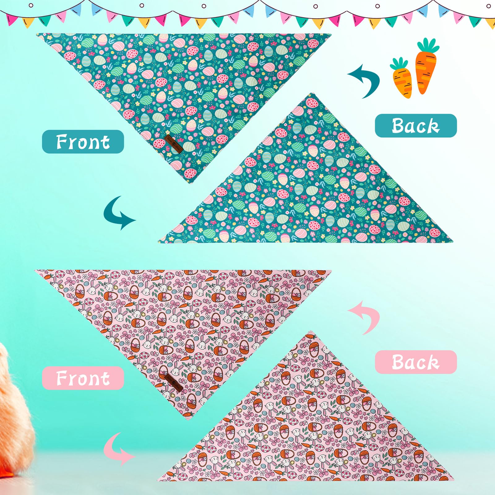 Lionet Paws Easter 2Pcs Dog Bandanas, Pink Cute Rabbit Egss Dog Scarf Bib Premium Fabric, Happy Easter Green Bandanas For Small