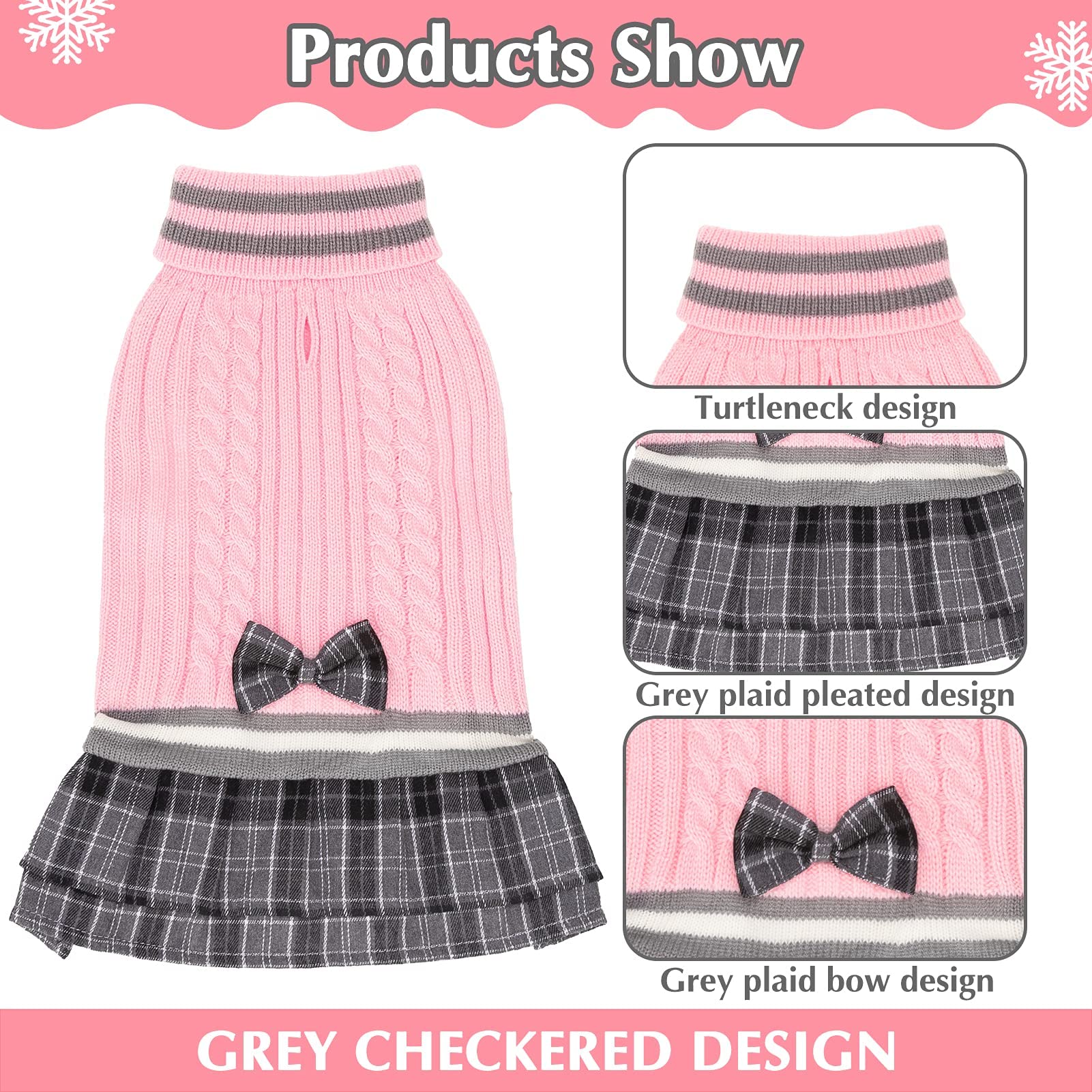 Pawchie Dog Sweater Dress With Bowtie - Dog Turtleneck Pullover Knitwear For Small Dogs Girls Cold Weather Sweater With Leash Ho