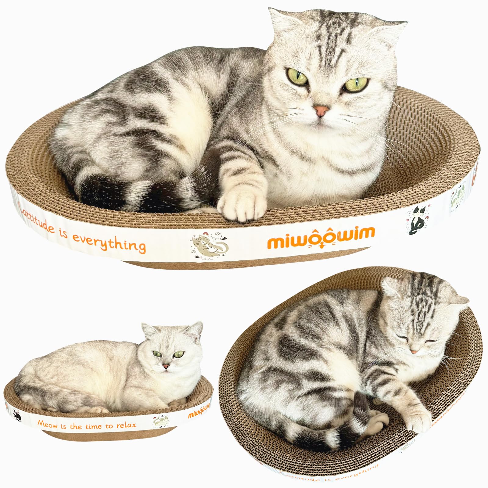 Miwoowim 4Pcs 2 Cat Scratcher Bowl +1 Corrugated Scratch Pad With Box+ 1 Brush,Oval Shape Cat Scratcher Cardboard Bed, Scratchin