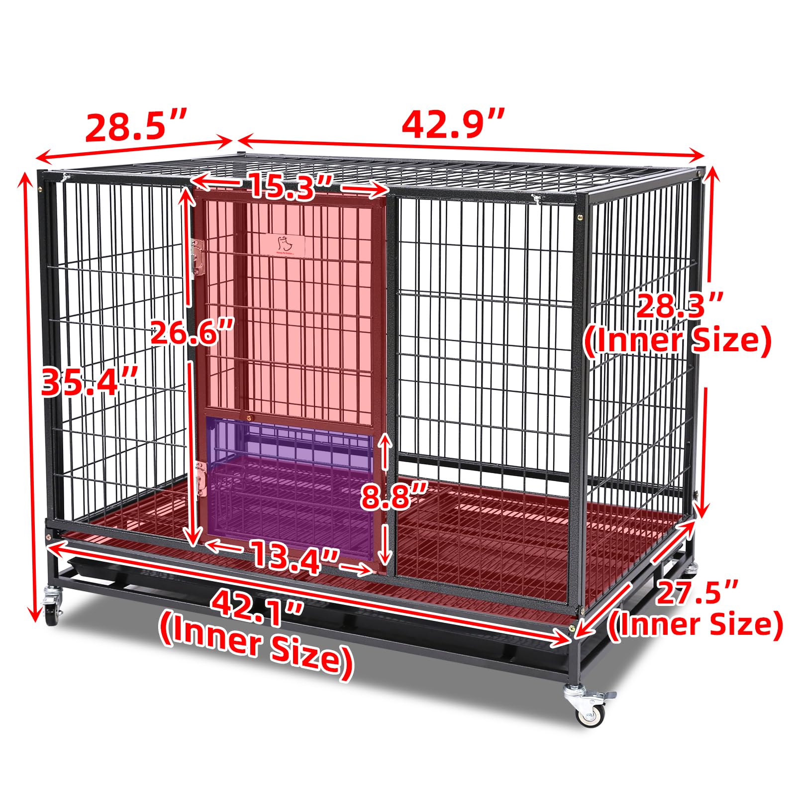 Homey Pet 43 Stackable and Collapsible Heavy Duty Dog Crate Cage Kennel with Feeding Door, Four Lockable Casters, Removable Tray