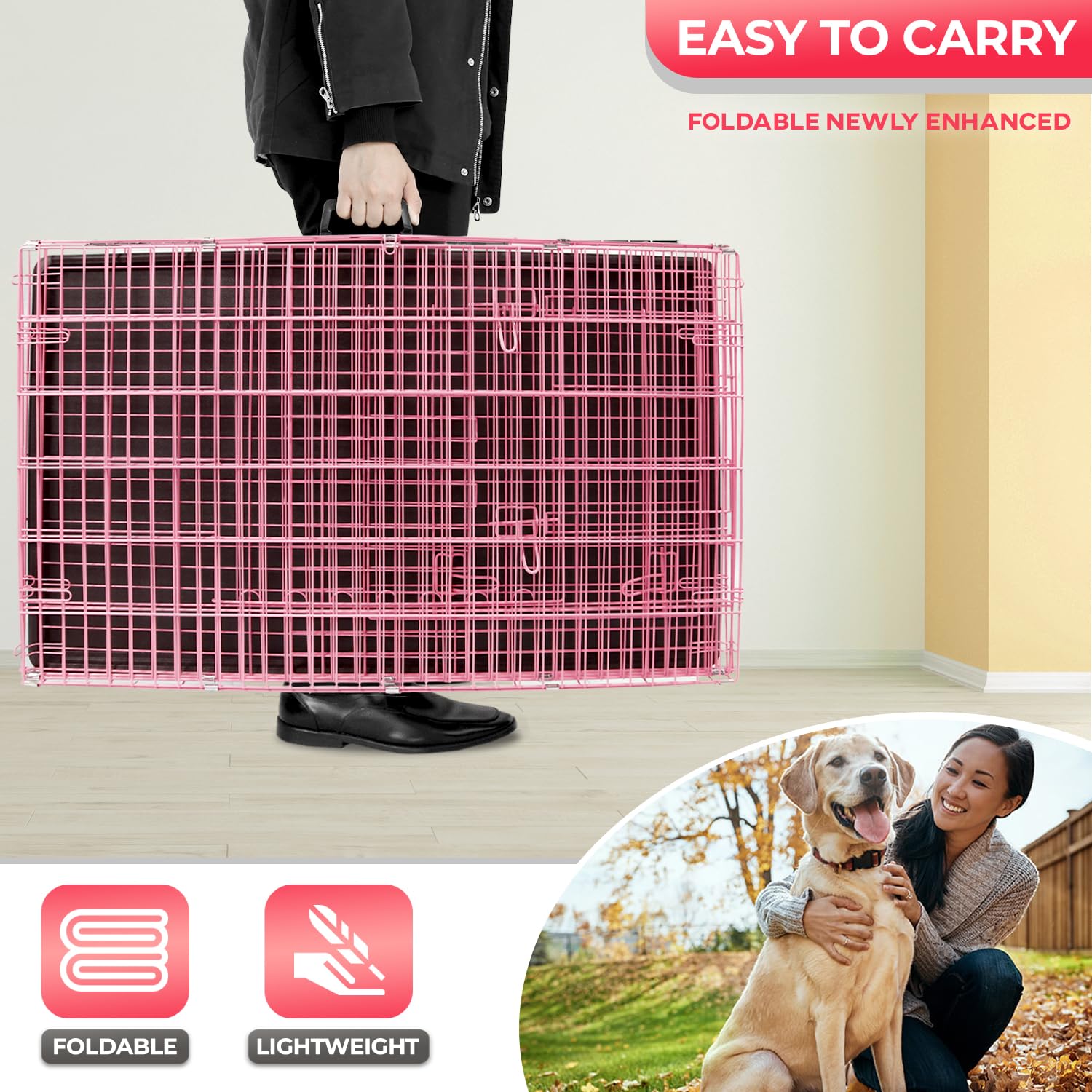 Fdw Dog Crate For Large Dogs 42 Inch Folding Metal Wirepet Cage Double Door W/Divider Panel Indoor Outdoor Kennel Leak-Proof Pla