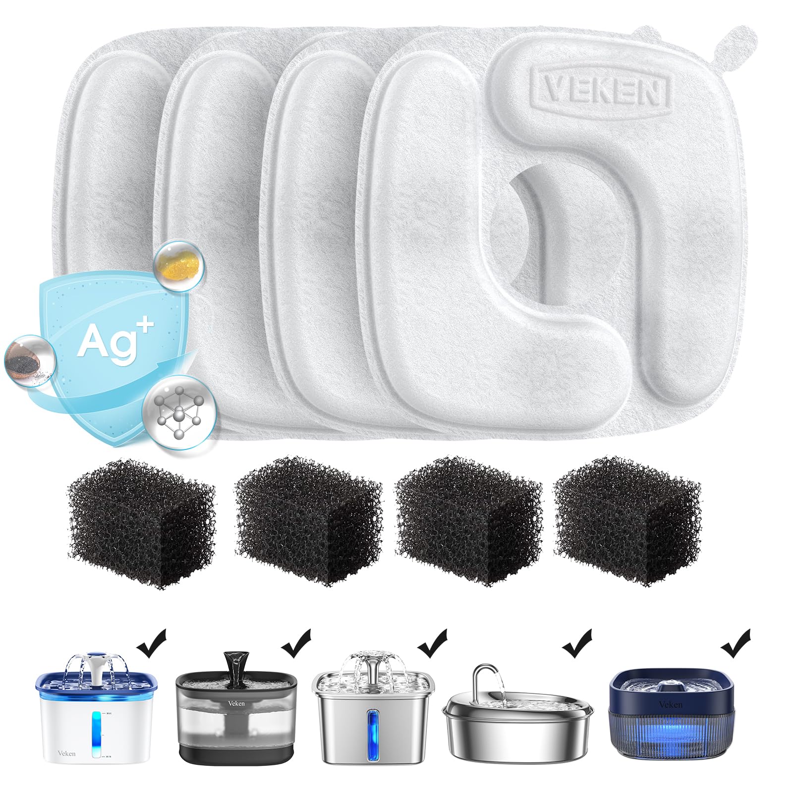 Veken Cat Water Fountain Filters, 4 Pack Replacement Filters & 4 Pack Replacement Pre-Filter Sponges Set For 67Oz, 95Oz, 135Oz Automatic Pet Fountain Dog Water Dispenser