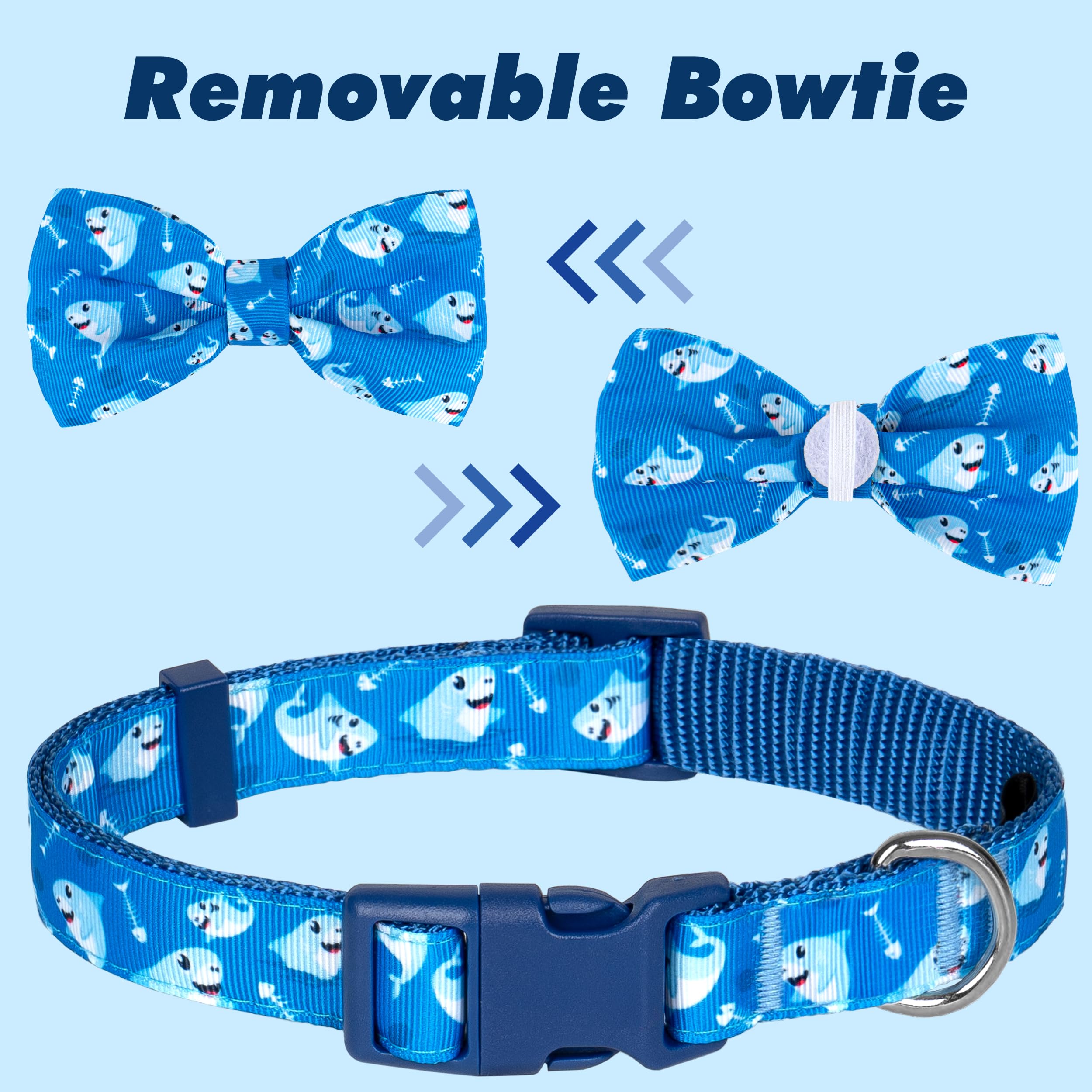 Azuza Dog Collar With Bow Tie, Soft And Comfortable Adjustable Bowtie Dog Collar For Medium Dogs (M, Shark)