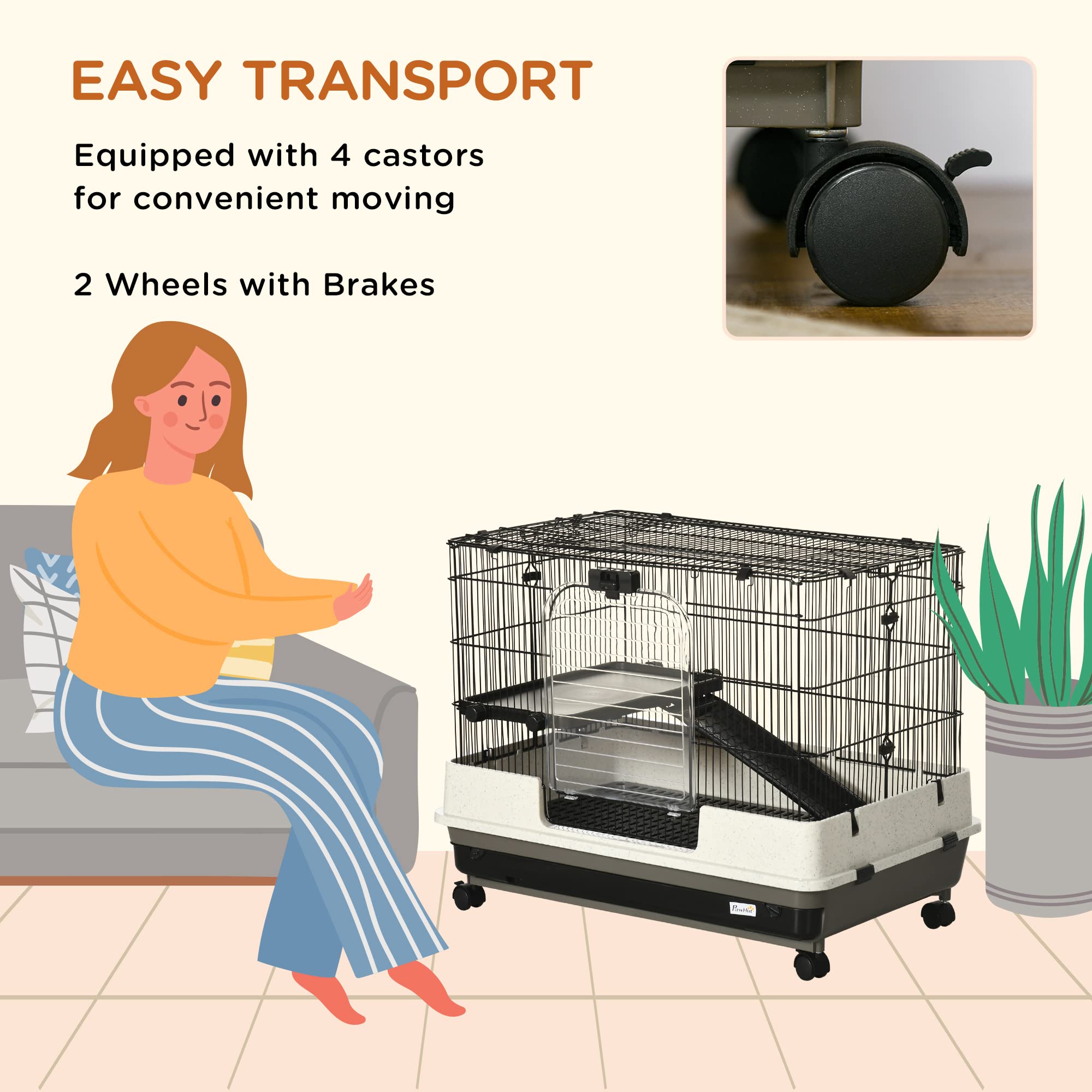 Pawhut 26' Small Animal Cage With Wheels, 2-Level Portable Bunny Cage, Chinchilla Ferret Cage With Removable Tray, Platform And Ramp
