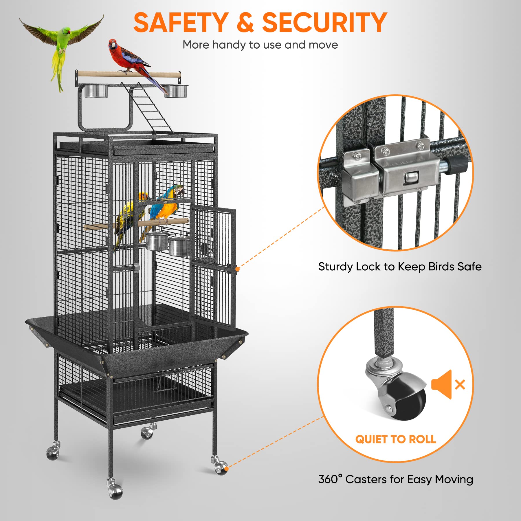 SUPER DEAL 61" 2-in-1 Large Wrought Iron Bird Cage with Rolling Stand - Black, Model 920 for Parrots, Finches, and Cockatoos