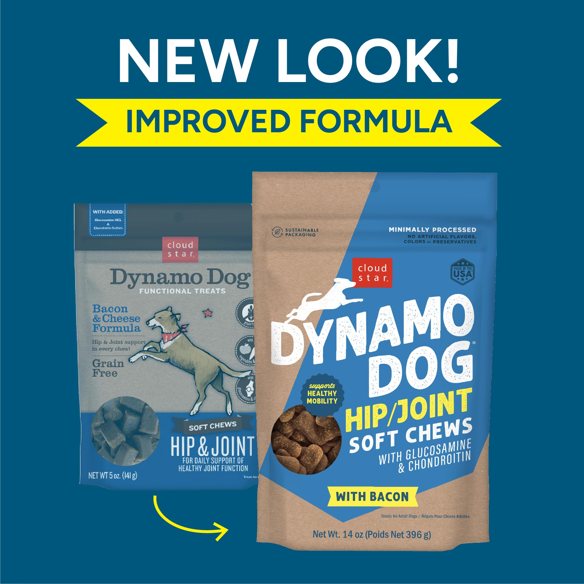 Cloud Star Dynamo Dog Soft Chews Hip & Joint Grain Free Dog Treats, Bacon & Cheese, 14 oz. Pouch
