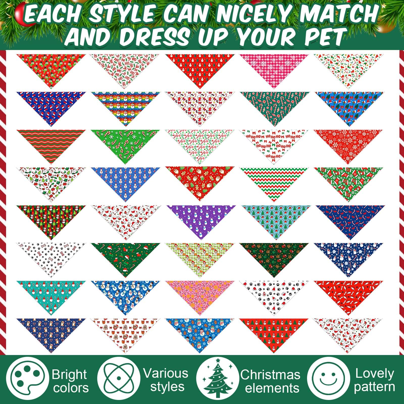 Aliceset 240 Pcs Christmas Dog Bandana Bulks Red Green Xmas Tree Santa Hat Snowflake Patterns Dog Kerchief Set Bibs Triangle Pet
