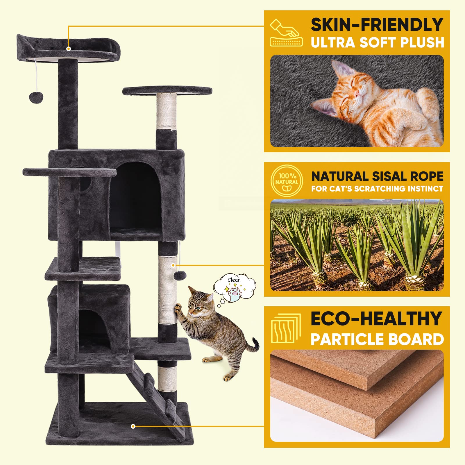 Nova Microdermabrasion 54In Cat Tree Tower For Indoor Cats Multi-Level Cat Condo Cat Bed Furniture With Scratching Post Kittens Activity Center