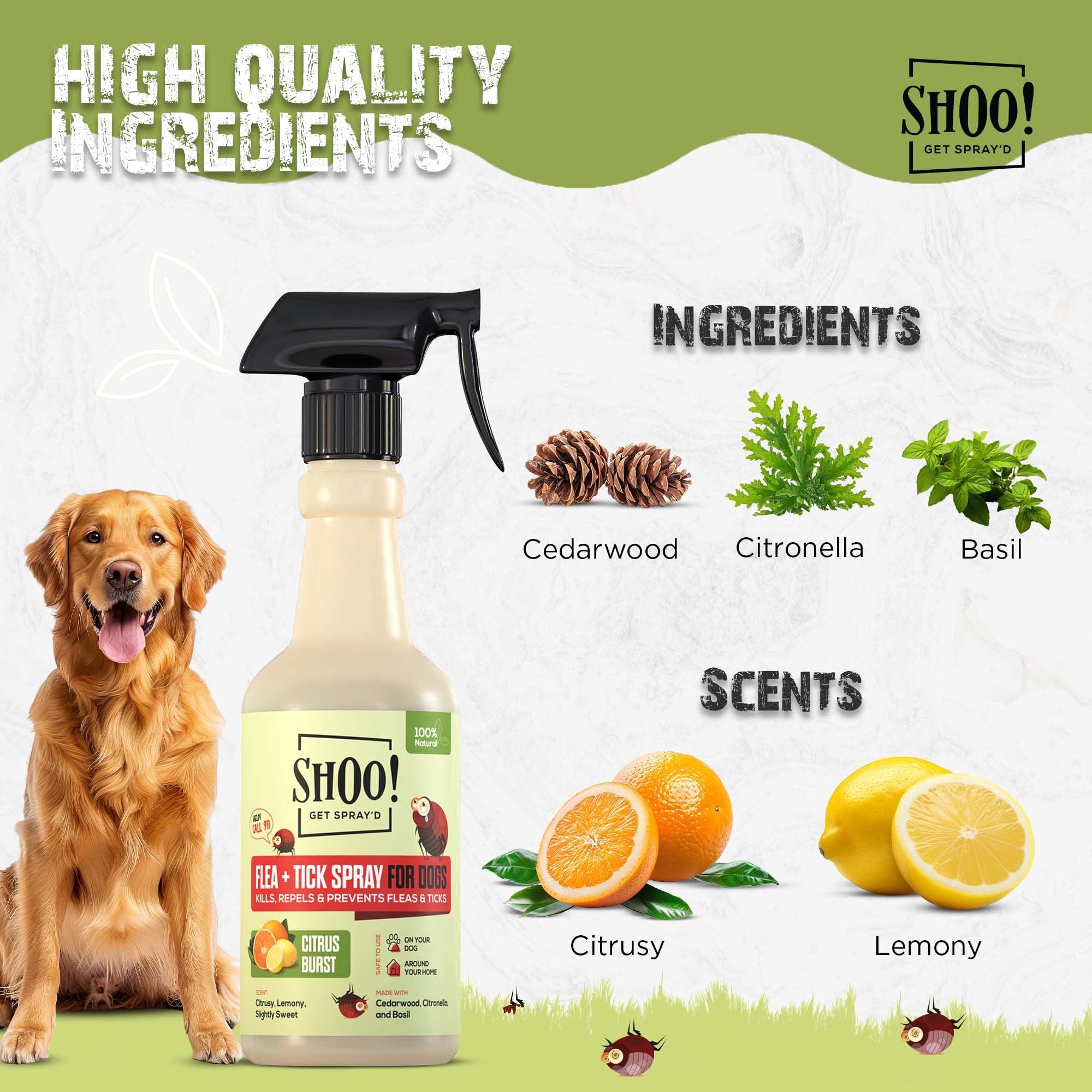 Shoo! Flea & Tick Spray for Dogs and Home | Plant Based, Natural Oils, Chemical Free Formula | Kills, Repels, Prevents | 16 oz (