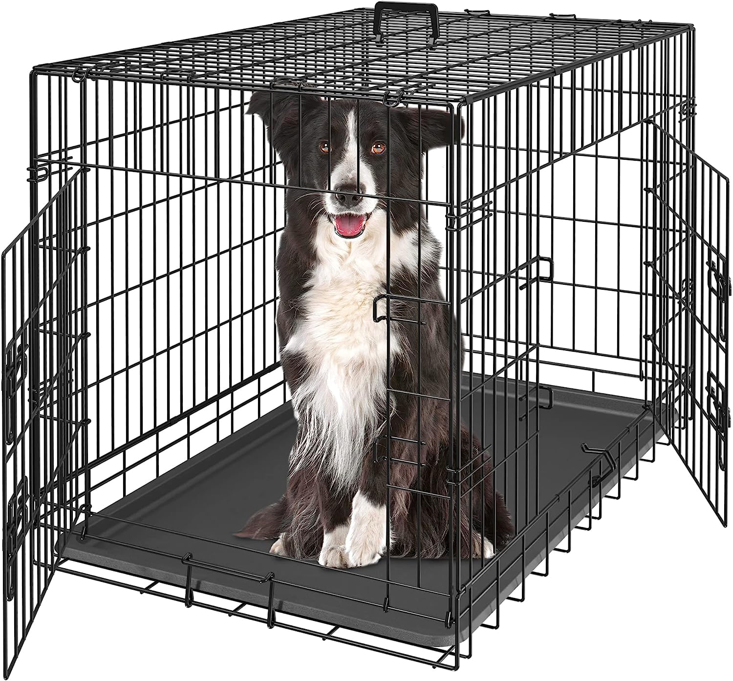 Zeny 30/36/42 Inch Dog Crate Double Door Folding Metal Dog Or Pet Crate Kennel With Tray And Handle