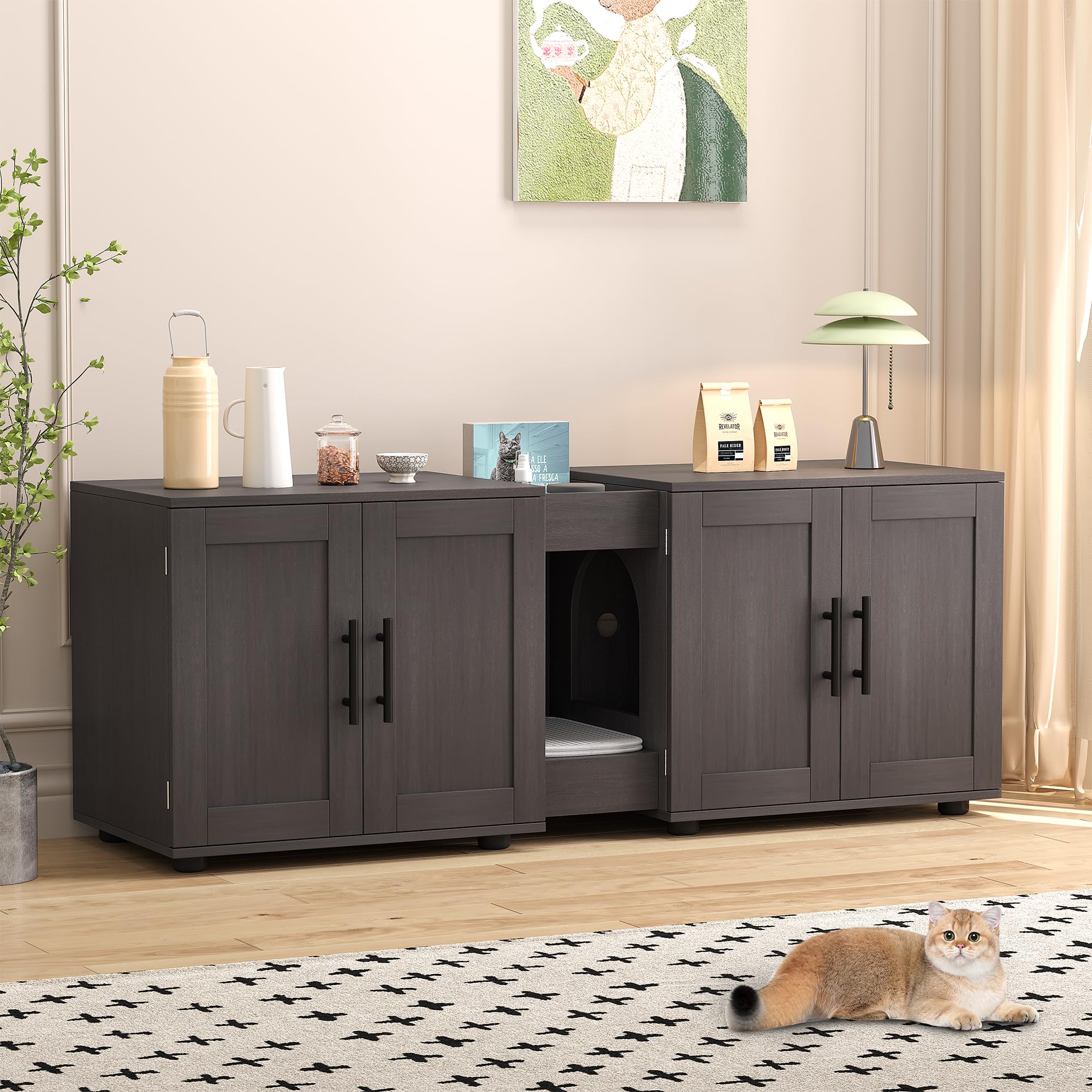Gaomon Litter Box Enclosure With Double Room,Cat Hidden Litter Box Enclosure Furniture For 2 Cats With Double Room, 55   L X 17.