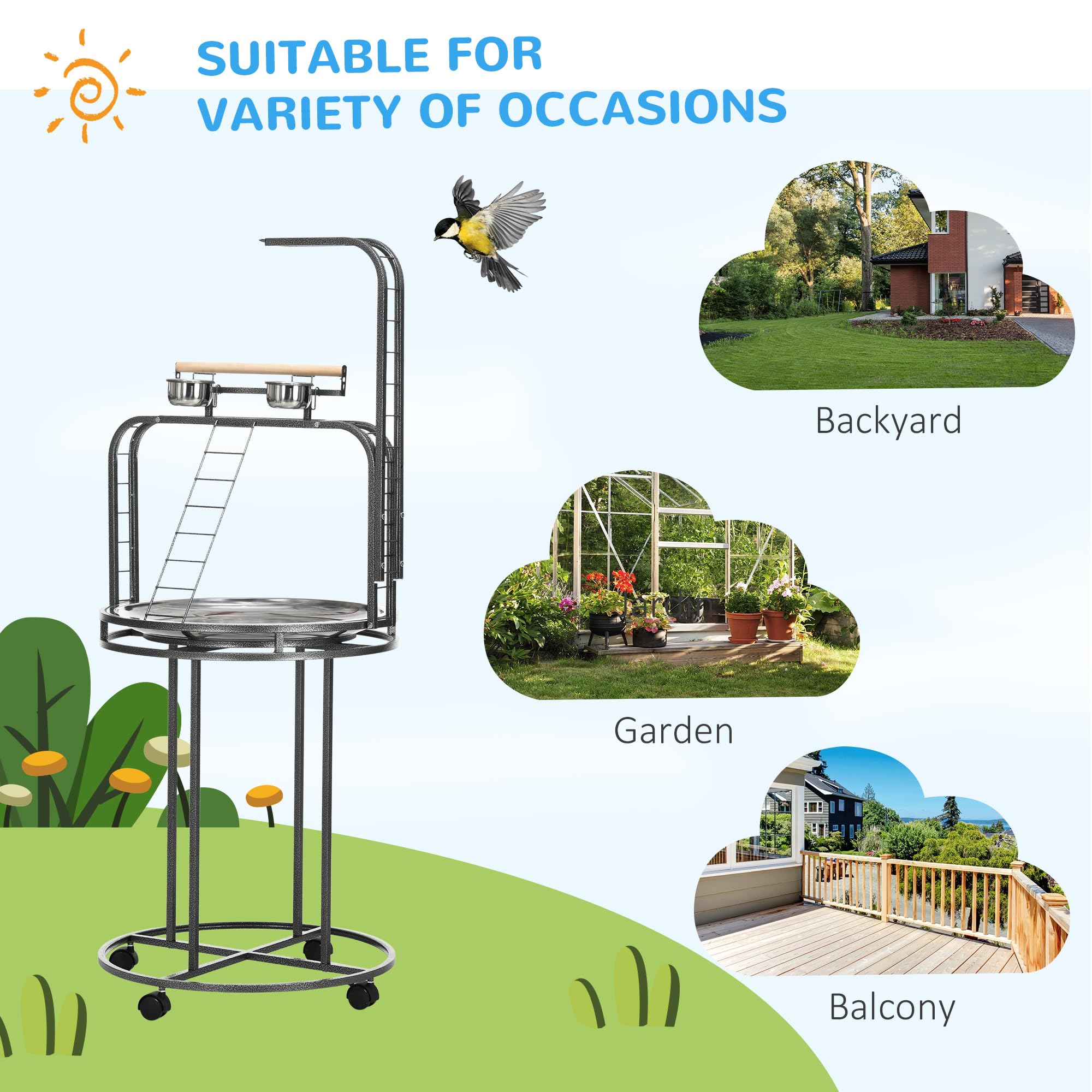 PawHut Large Parrot Stand - Wooden Bird Perch with Toy Hook & 3 Ladders, Dark Grey, Easy Grip, Stainless Steel