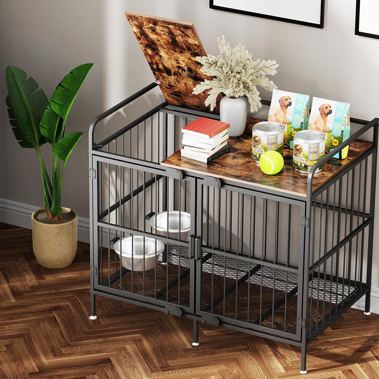 HolBrett Large Dog Crate Furniture, 38 inch Wooden Dog Kennel with Top-Feeding Door Heavy Duty Furniture-Style Dog Cage 2 Bowls 