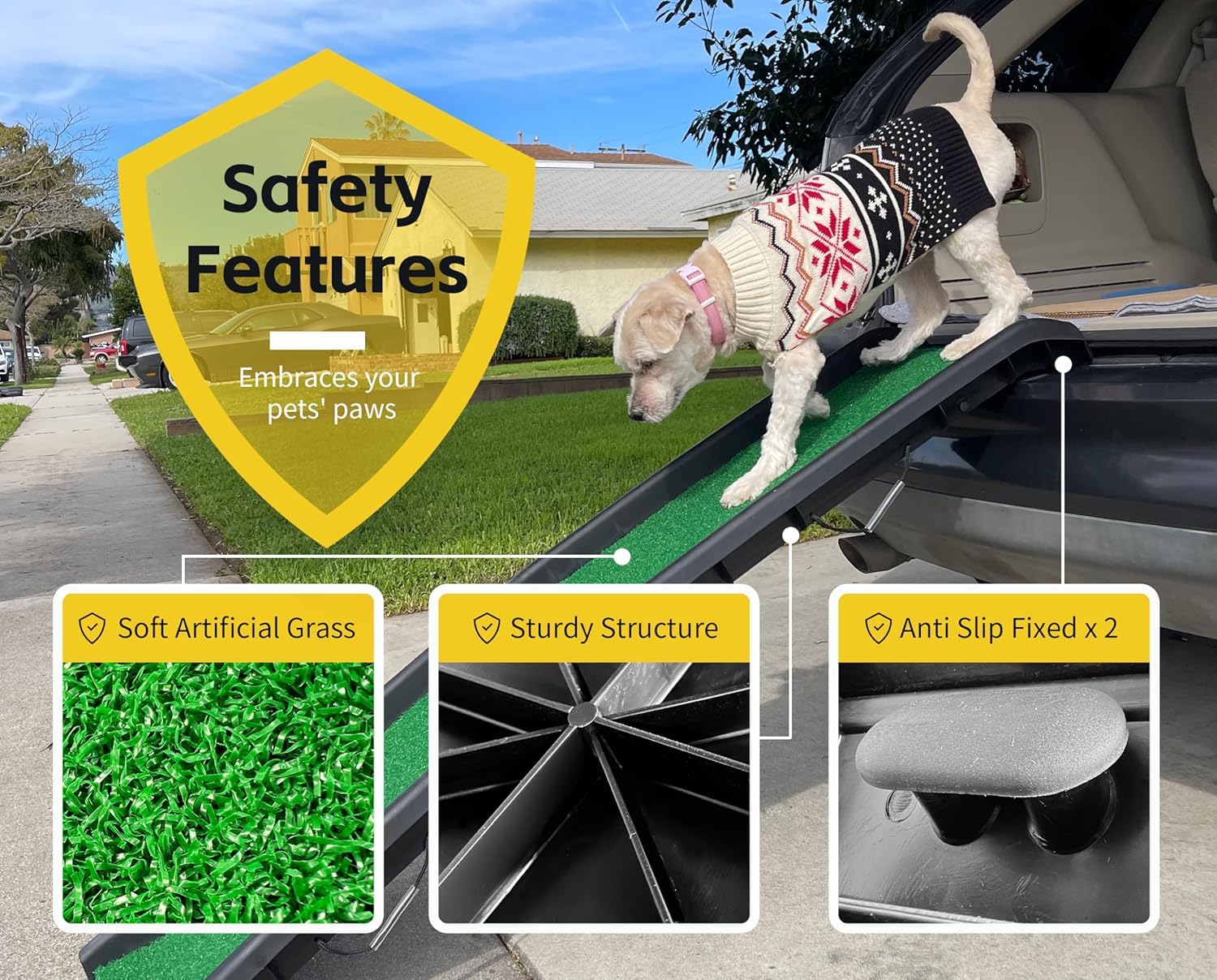 PawStep 51114 Pet Ramp with Poly Grass - Folding, Portable Dog Ramp for Cars, SUV & Trucks - Non-Slip Surface - Lightweight & Du