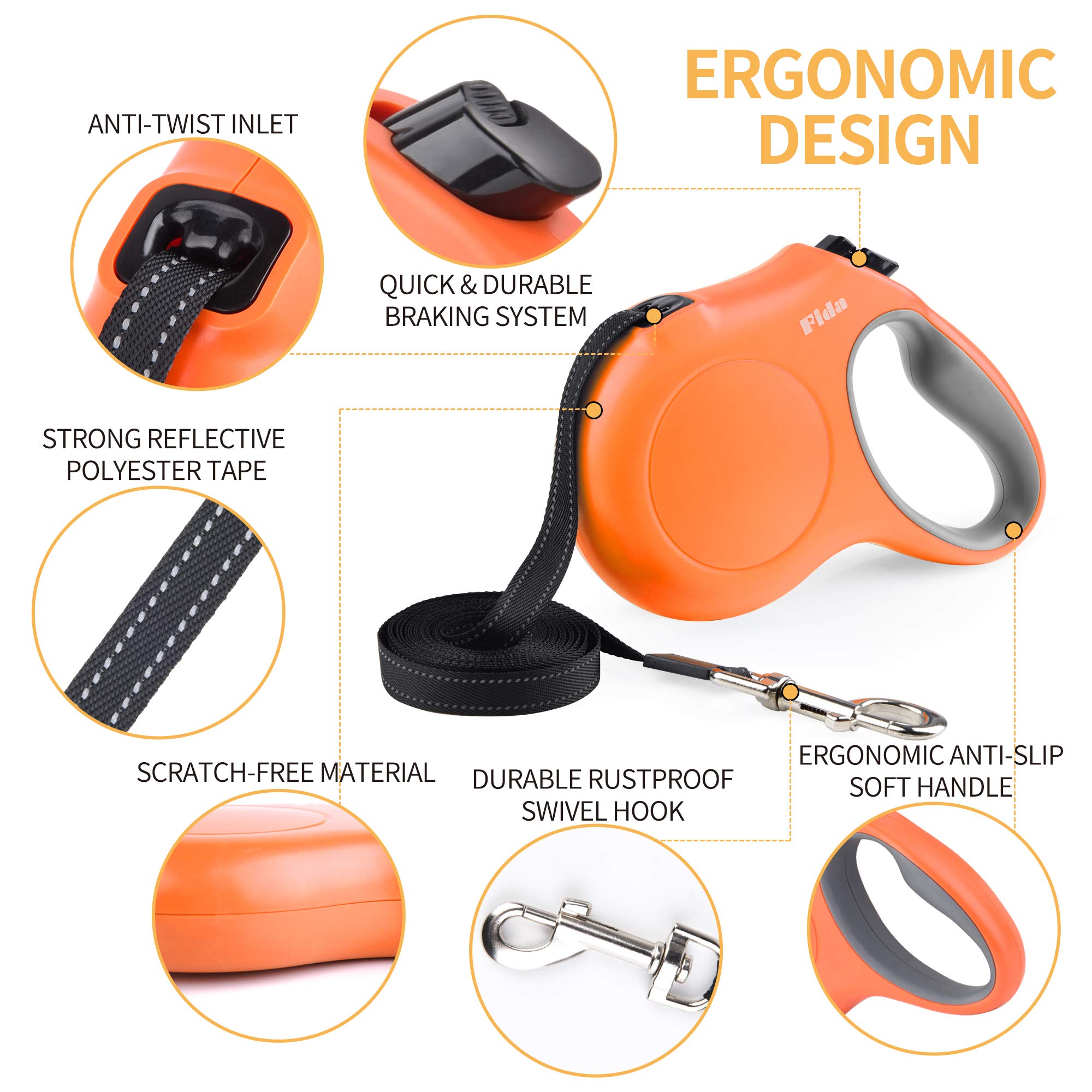 Fida Retractable Dog Leash, 16 Ft Dog Walking Leash For Medium Dogs Up To 44Lbs, Tangle Free, Orange