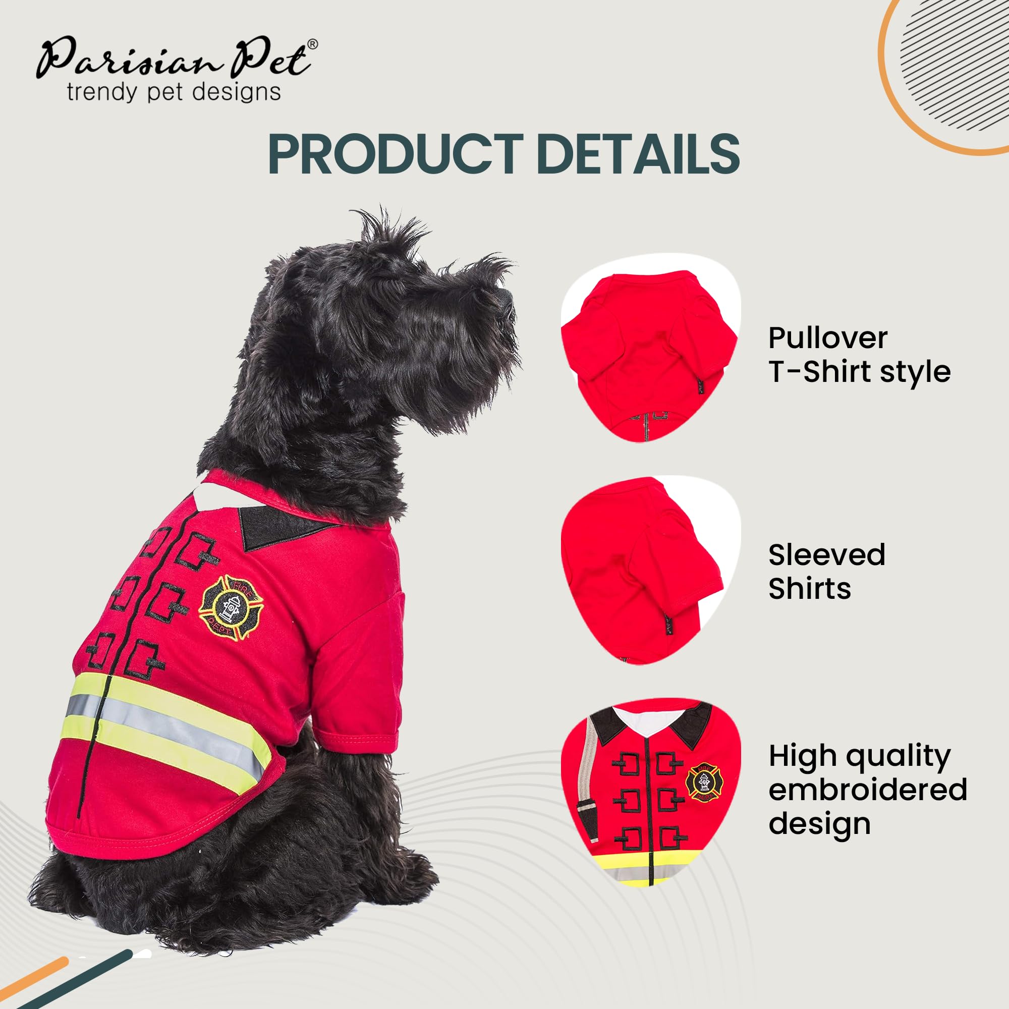 Parisian Pet Dog Shirt - Embroidered Dog Fireman Costume - 100% Cotton And Polyester Pet Clothes - Sleeved Halloween Outfit - Dog Costume Halloween - Red Dog Costumes For Large Dogs - 2Xl