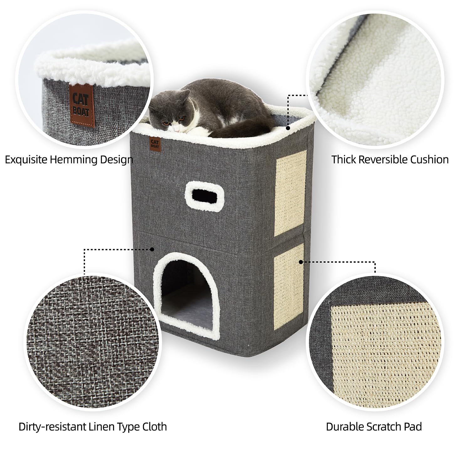 Catboat 2-Storey Cat House For Indoor Cats Bed, Covered Beds & Furniture With Scratch Pad And Hideaway Cave, Cute Modern Condo F