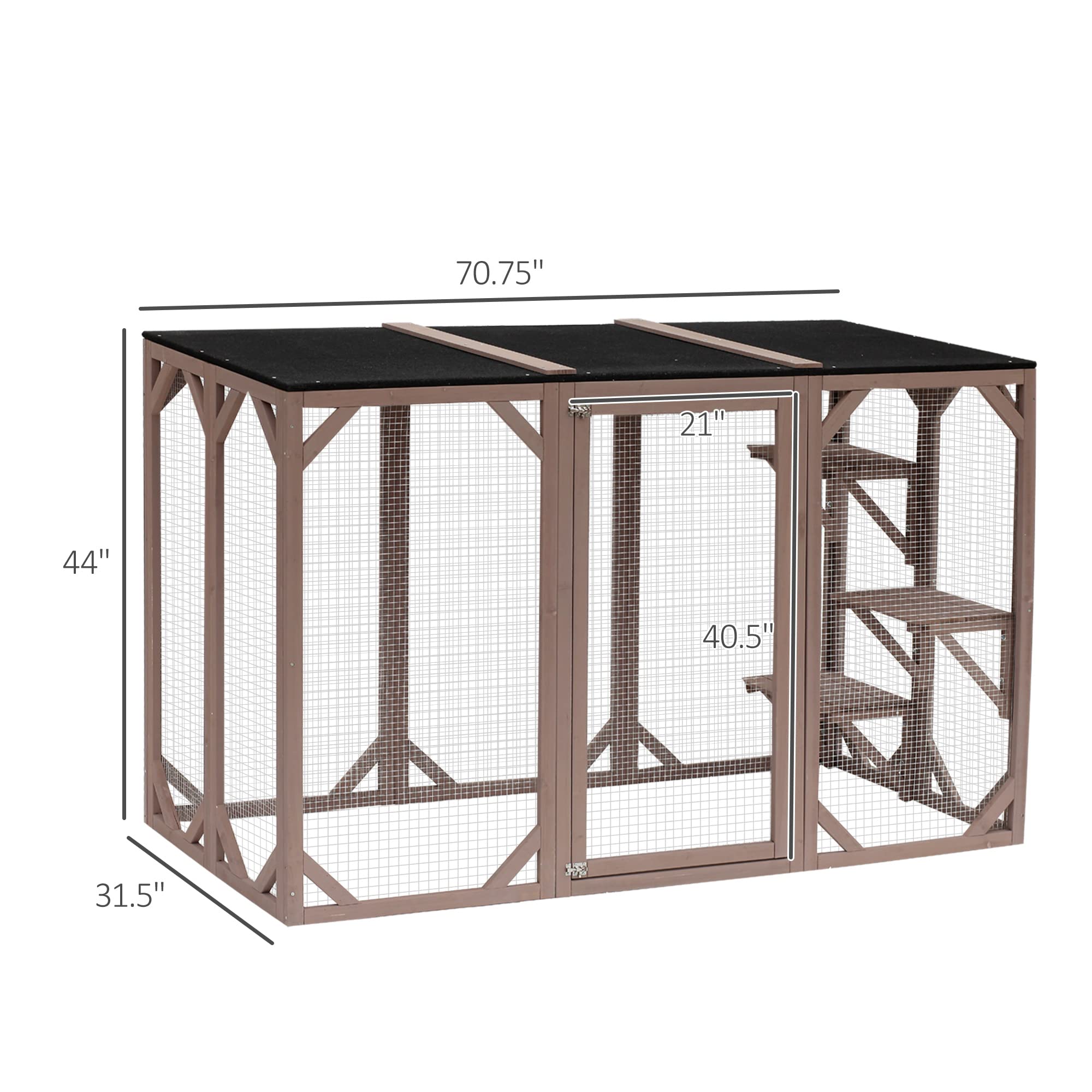 Pawhut Outdoor Cat House, Catio Wooden Feral Cat Shelter, Cat Cage With Platforms, Large Enter Door, Weather Protection Asphalt Roof, 71' L, Brown