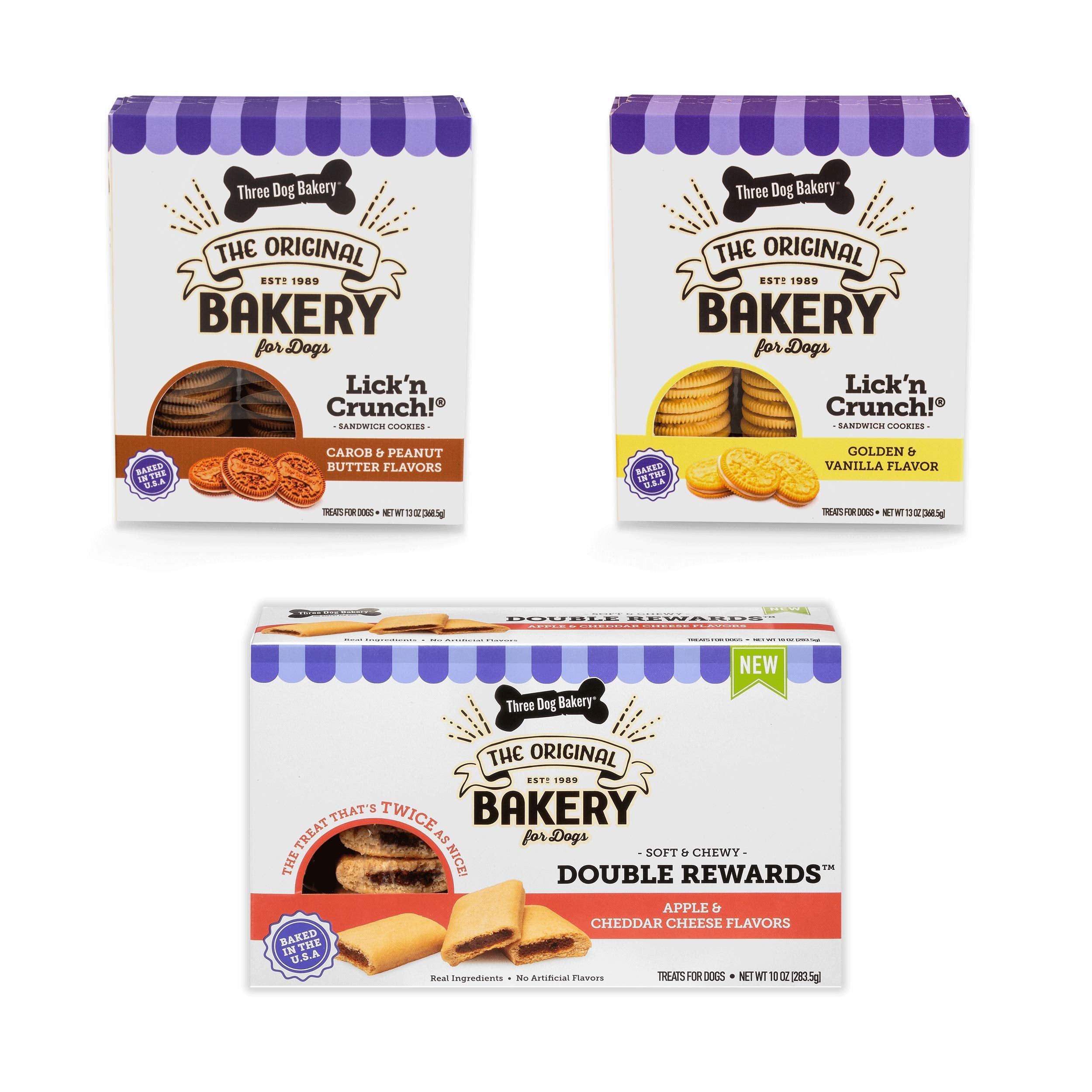 Three Dog Bakery Classic Cookies Variety Pack Premium Treats for Dogs, Carob/Peanut Butter, Golden/Vanilla, & Double Reward, 36