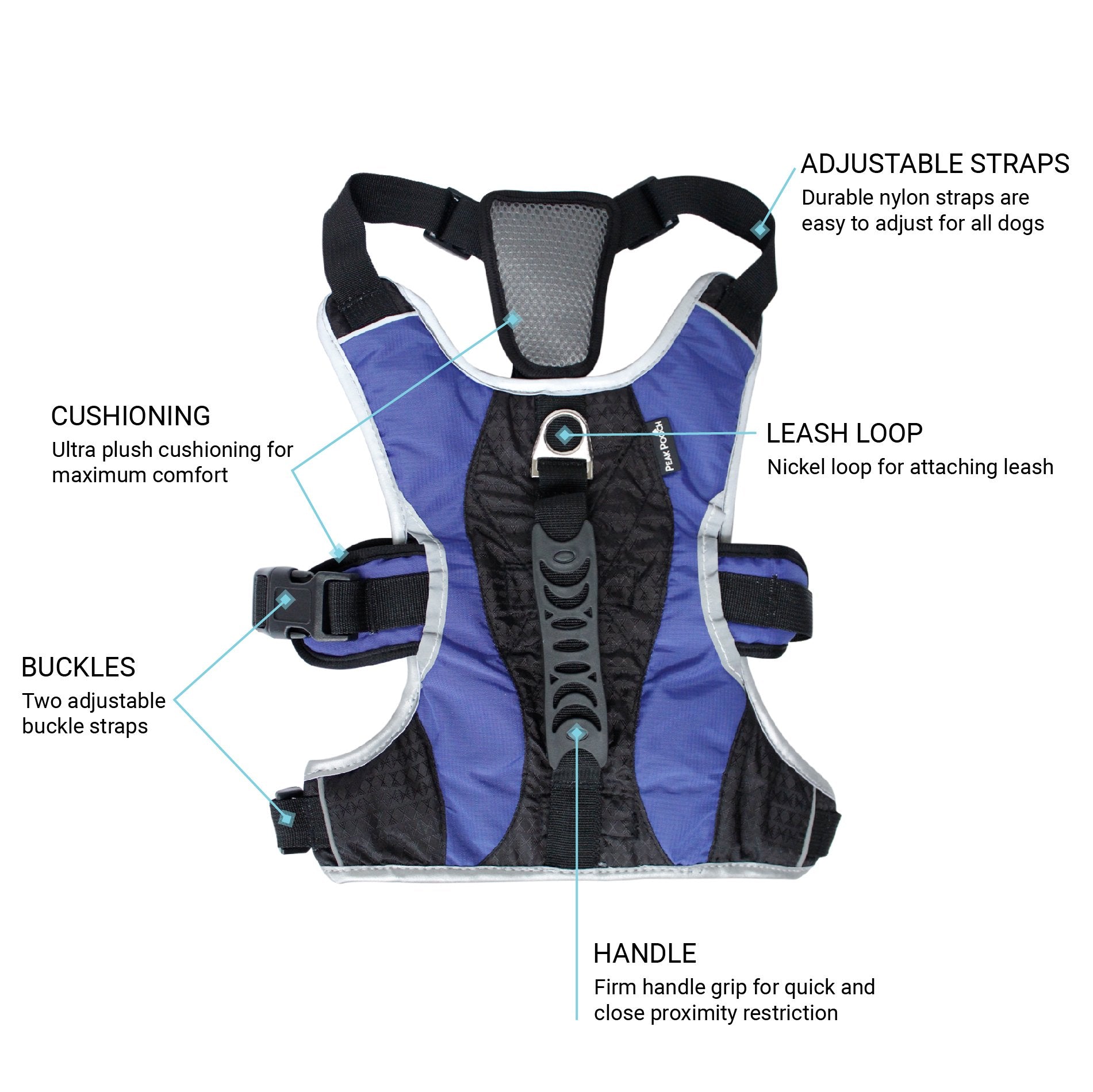 Peak Pooch No-Pull Dog Harness - Padded Mesh Vest, Reflective Trim, Blue, Large (27" - 38" chest), Model 4334768625