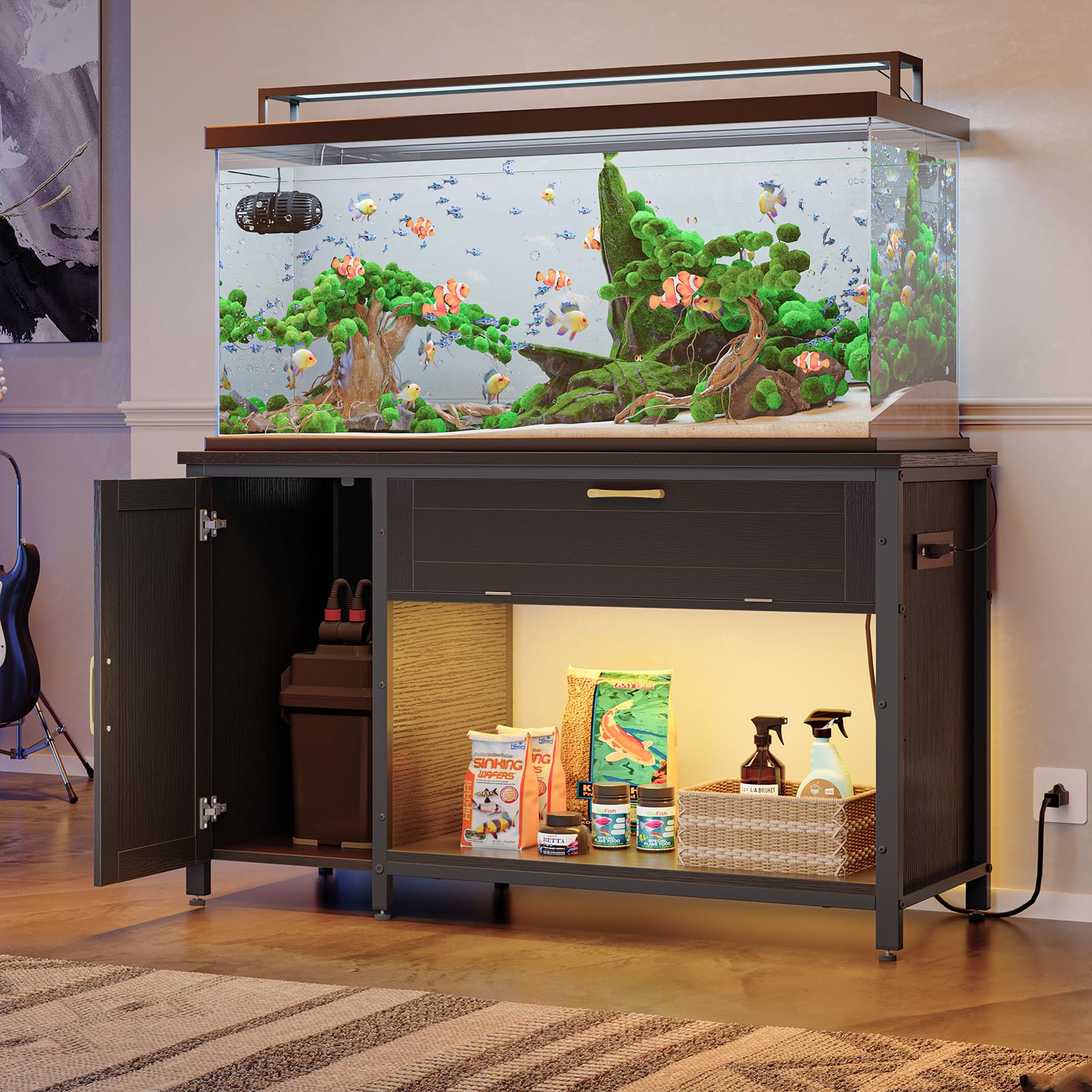 Bestier 55-75 Gallon Fish Tank Stand with Power Outlet&LED Light, 49x19 Heavy-Duty Metal Aquarium Stand with Cabinet&Drawer for