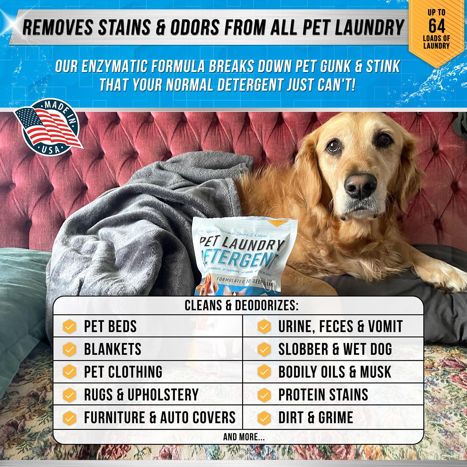ACTIVE Pet Laundry Detergent - Enzyme-Based Odor Remover for Dogs & Cats, 32oz, HE Washer Friendly, White
