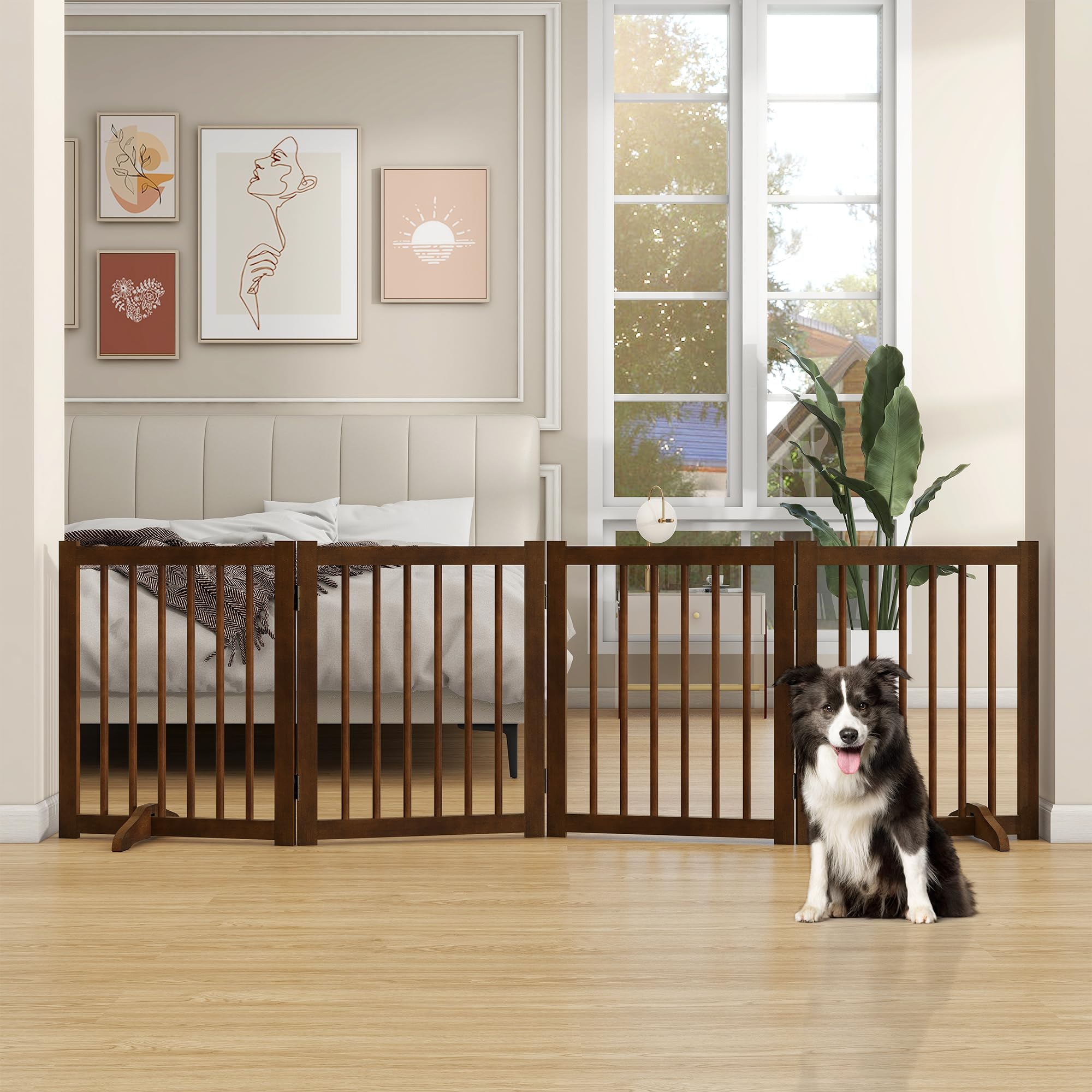 Solid Wood Freestanding Pet Gate - 4 Panels 24'' - Folding Safety Fence with 2 Support Feet - Ideal for Stairs, Doorways, Halls,