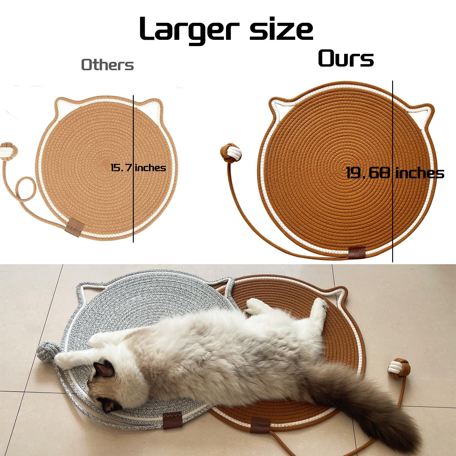 Covecozy Cat Scratching Mat Natural Cotton Rope Cat Scratching Pad, Large Size Scratcher Pad With Toy (2 Packs 19.6') (Grey + B