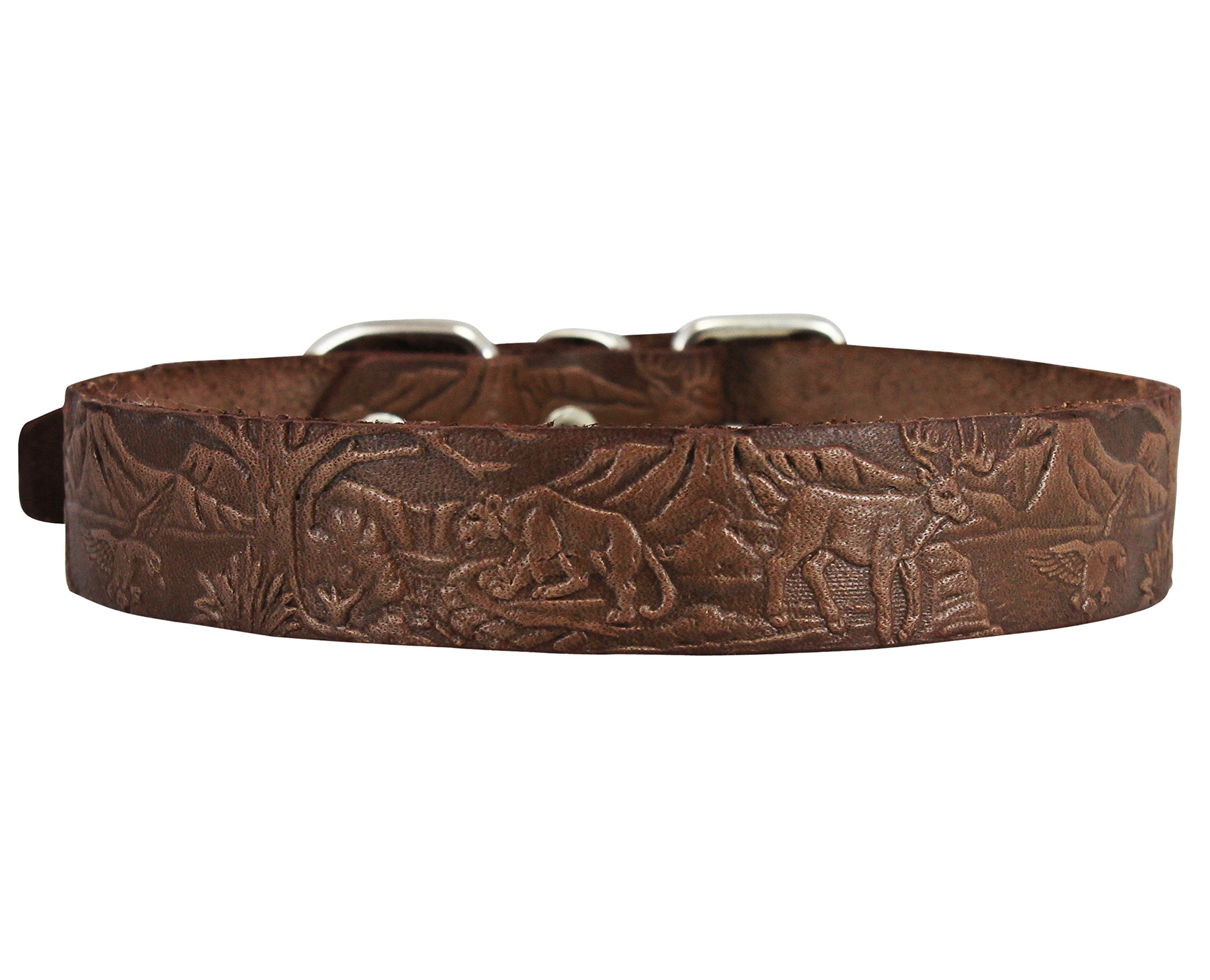 Genuine Tooled Leather Dog Collar Hunting Pattern Brown 3 Sizes (Neck Circumf: 10'-13'; 3/4' Wide)