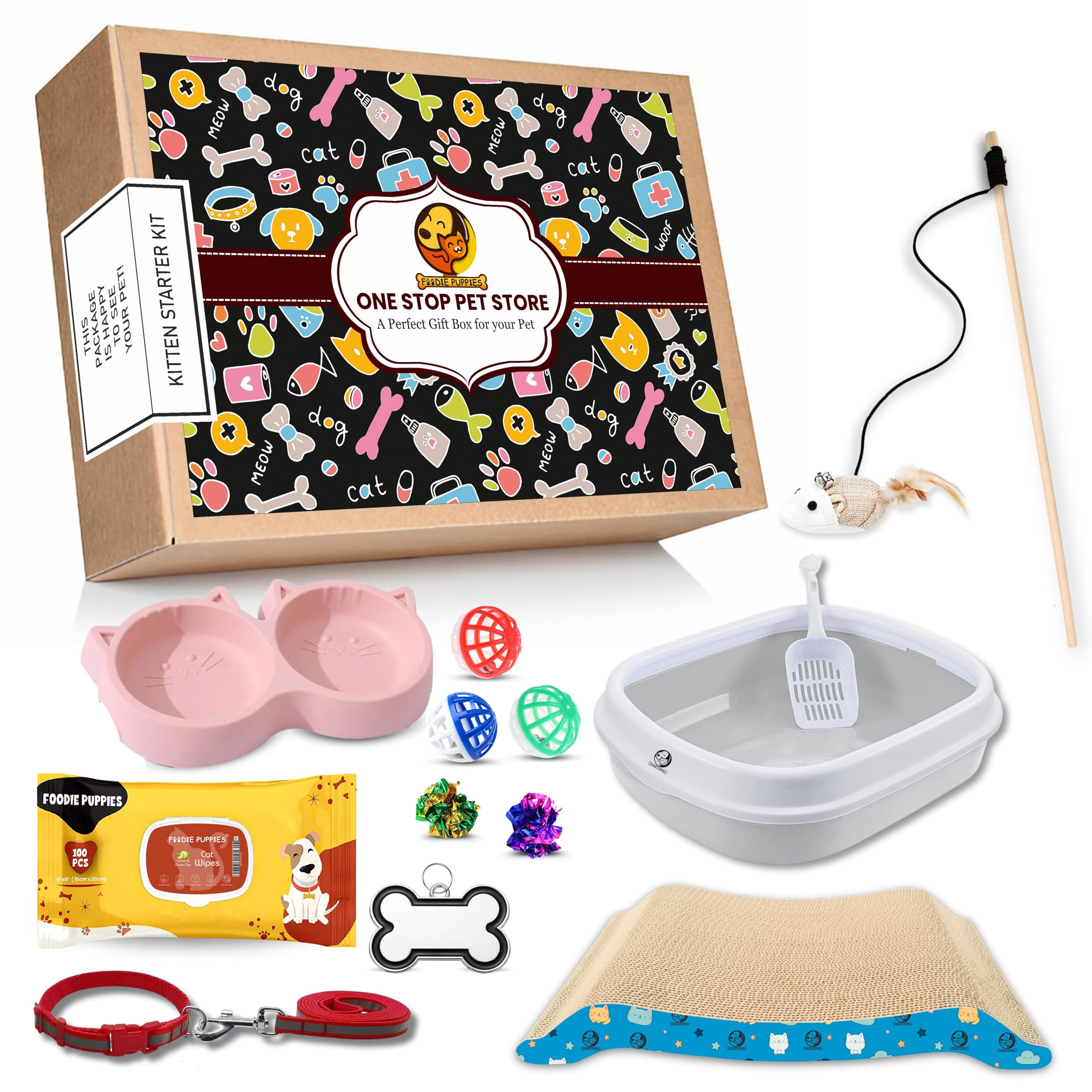 Foodie Puppies 9Pcs Kitten Starter Kit  2In1 Cat Face Bowl, Wipe, Scratcher Pad, Collar Tag, 10Mm Collar, Mouse Bell Teaser, Cr
