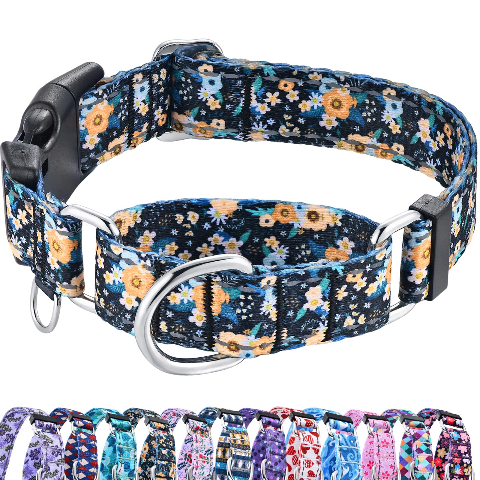Fidohug Reflective Martingale Dog Collar With Buckle Soft Nylon Floral No Slip Dog Collars For Puppy Dogs (Black Orange Flowers,