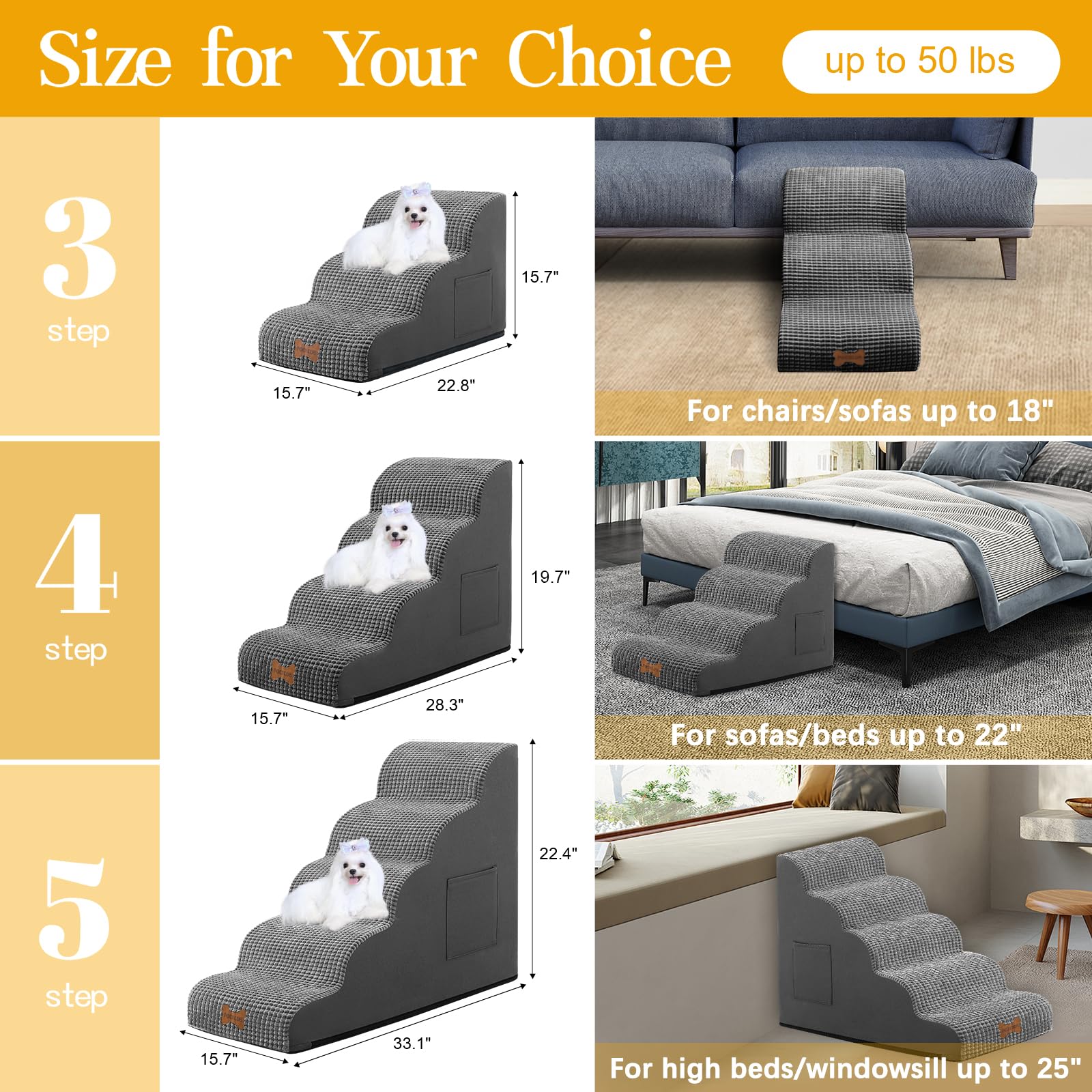 Dog Stairs For Small Dogs, Wide Pet Step With Removable Cover, No Assembly High Density Foam Cat Ramp For Bed Or Sofa, 5-Step, D