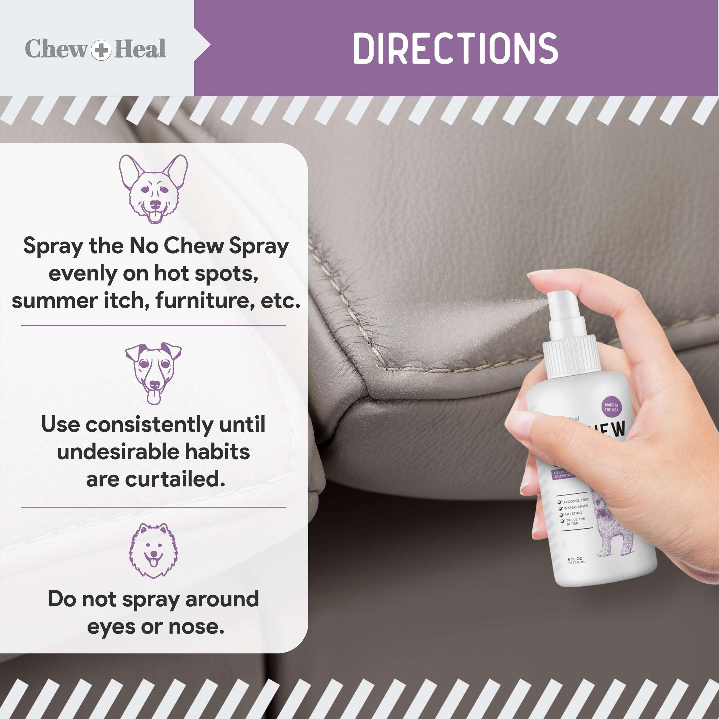 No Chew Spray For Dogs, 8 Oz - No Sting, Alcohol Free Bitter Dog And Cat Deterrent - Anti Chew Spray For Furniture, Hot Spots, A