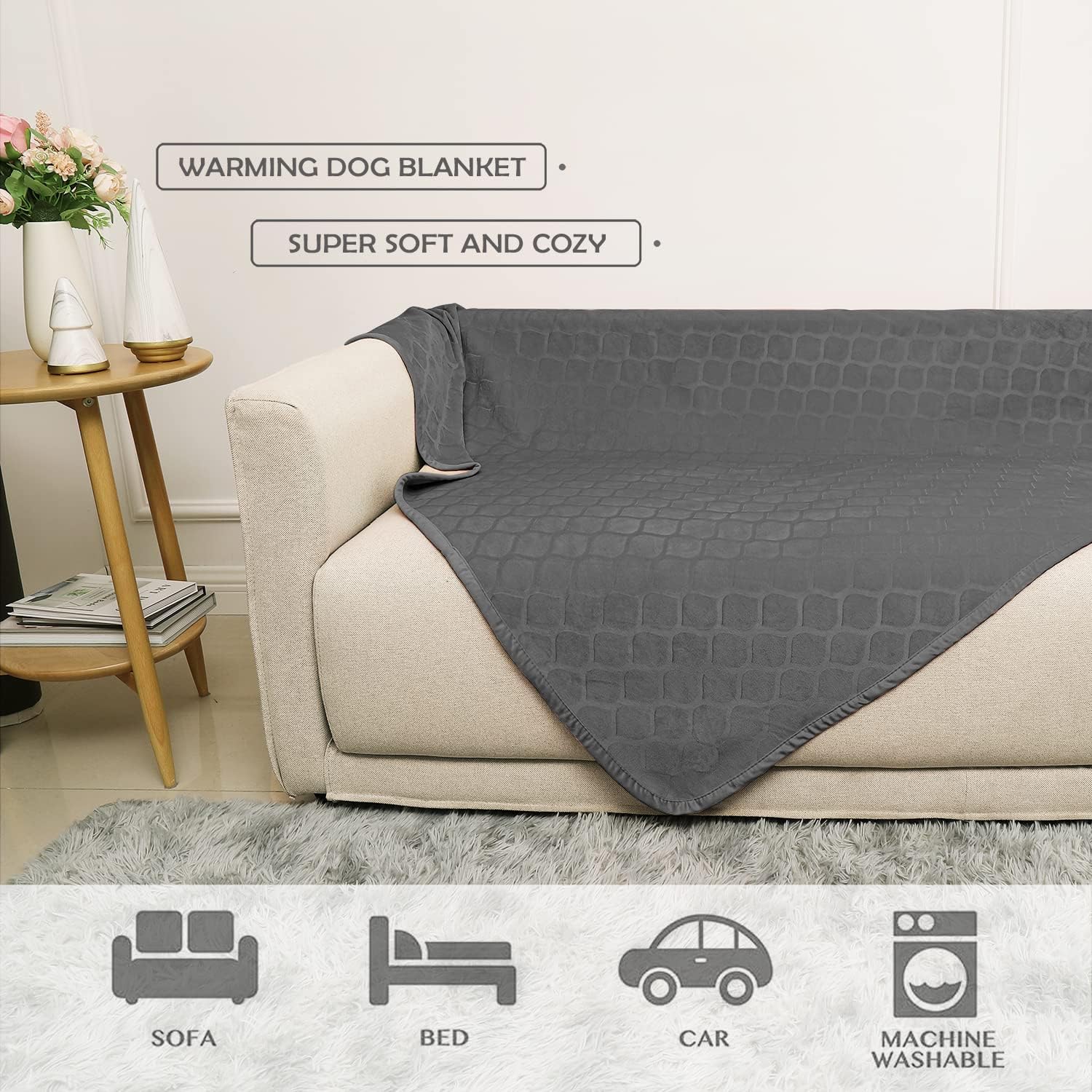 Fuguitex Waterproof Dog Blanket Bed Cover Dog Crystal Velvet Moroccan Fuzzy Cozy Plush Pet Blanket Throw Blanket For Couch Sofa(82 * 82 Inch, Dark Grey+Grey)