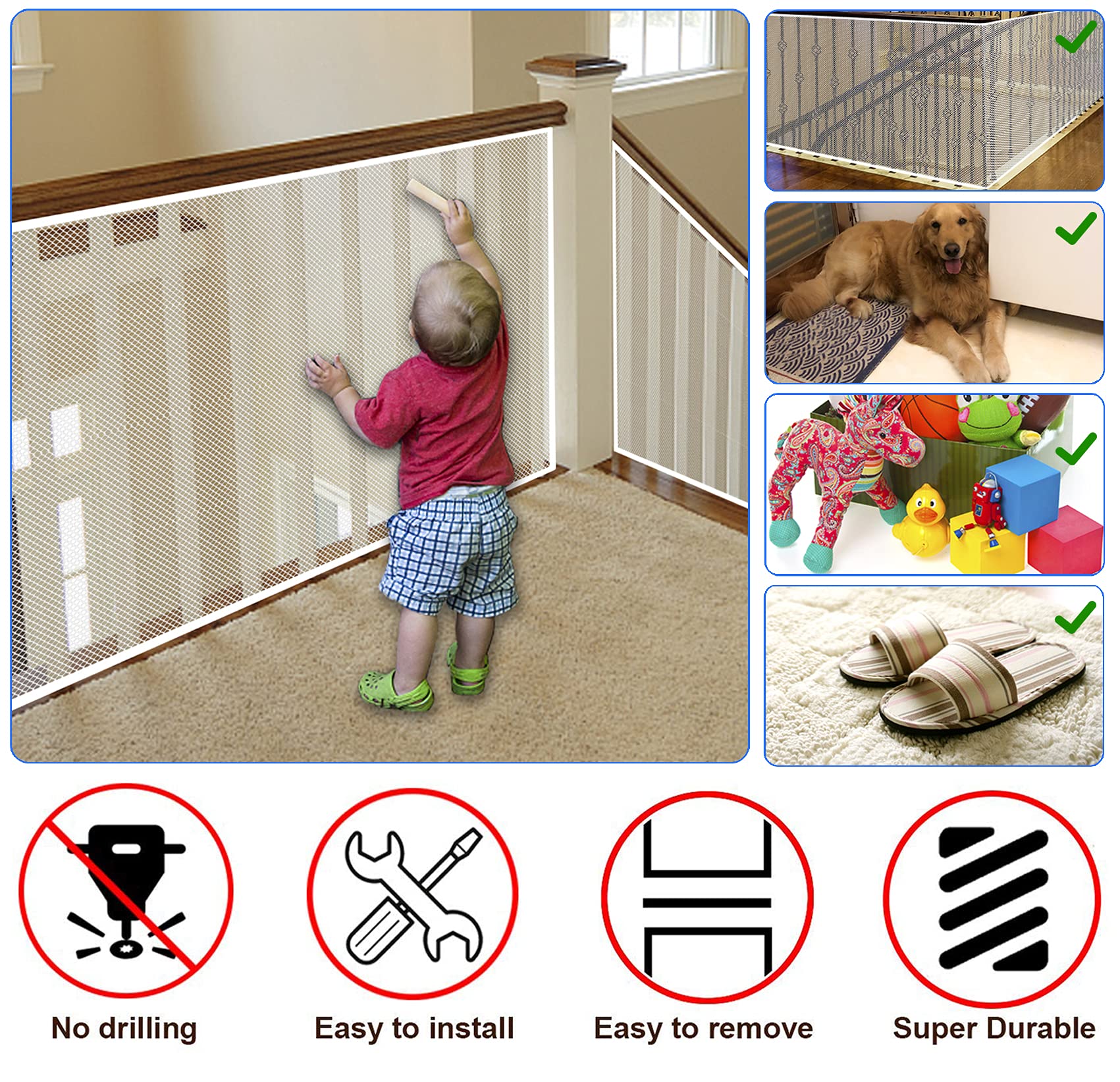 Jiftok Baby Gate For Stairs, Banister Guard For Kids, Pets, Toys, 15Ft L X 2.66 Ft H, Mesh Netting Safety Net For Balcony Rail Stair, Stairway Net Baby Safety Products For Indoor & Outdoor (White)