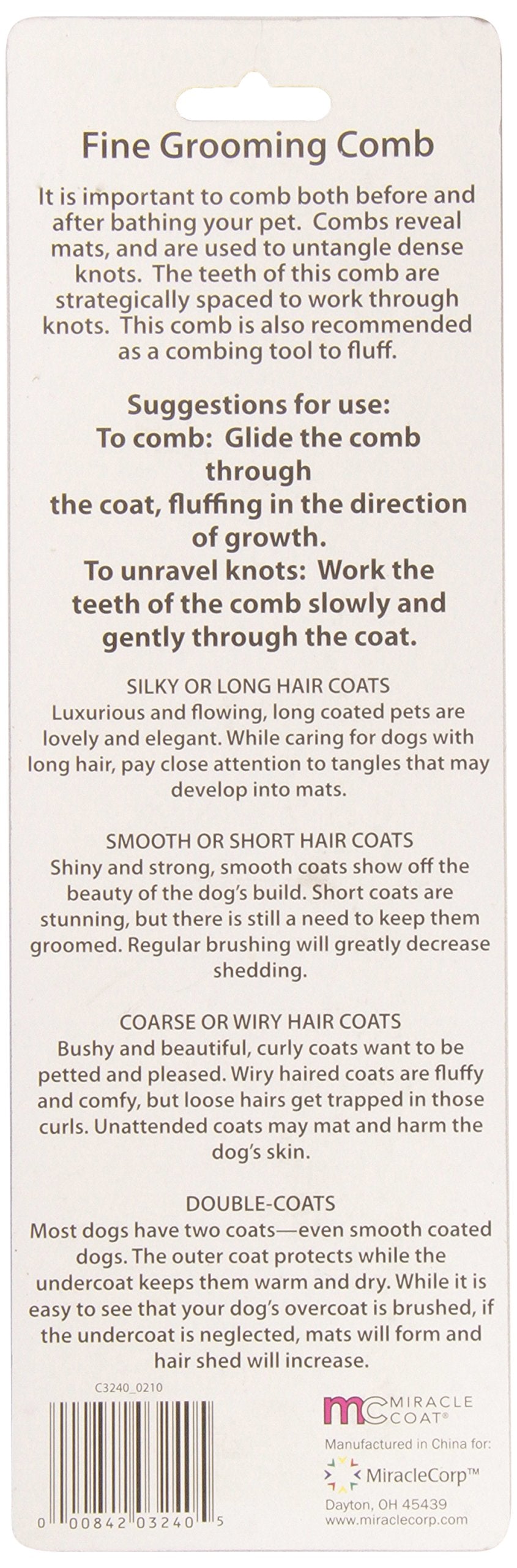 Miracle Care Fine Grooming Comb, 9" x 1.25", Black, Model 3240