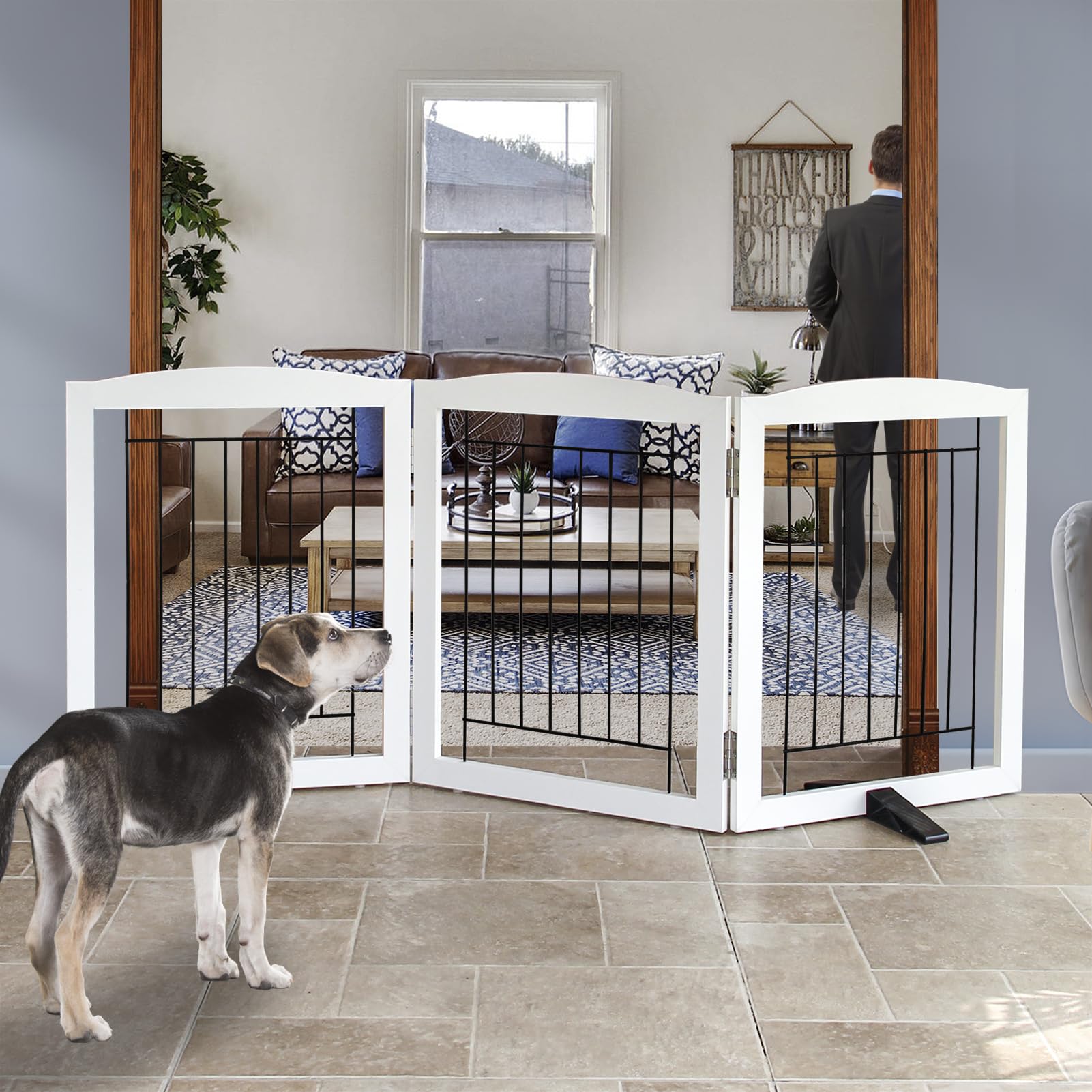 ZJSF Freestanding Dog Fence Indoor, Foldable Dog Gate for Doorways, Stairs or Hallways, Sturdy Wood Extra Wide Pet Gate with Sup
