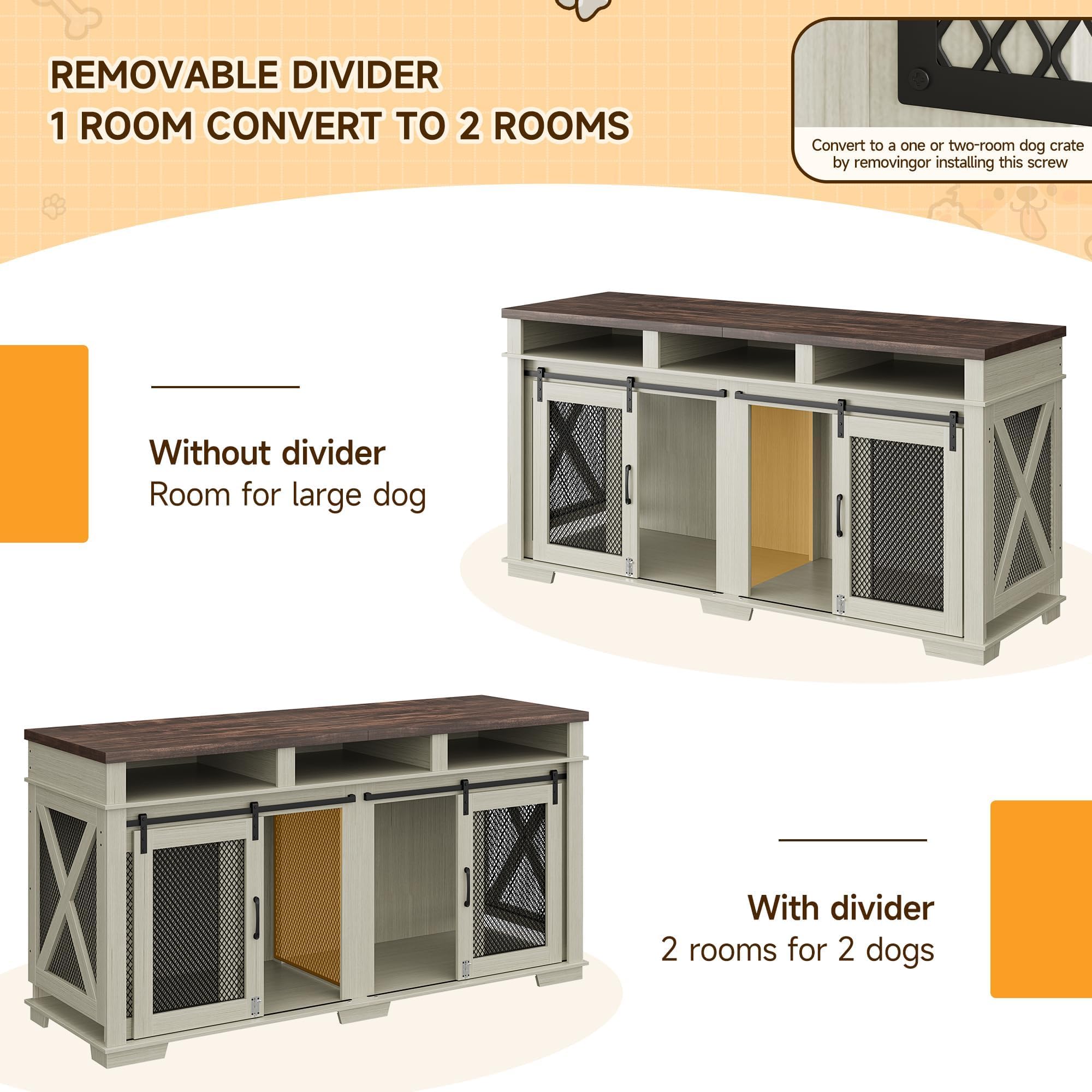 Dog Crate Furniture, 71 Heavy Duty Dog Crate Furniture with 3 Storage Compartments & Removable Divider, Stylish Double Dog Kenne