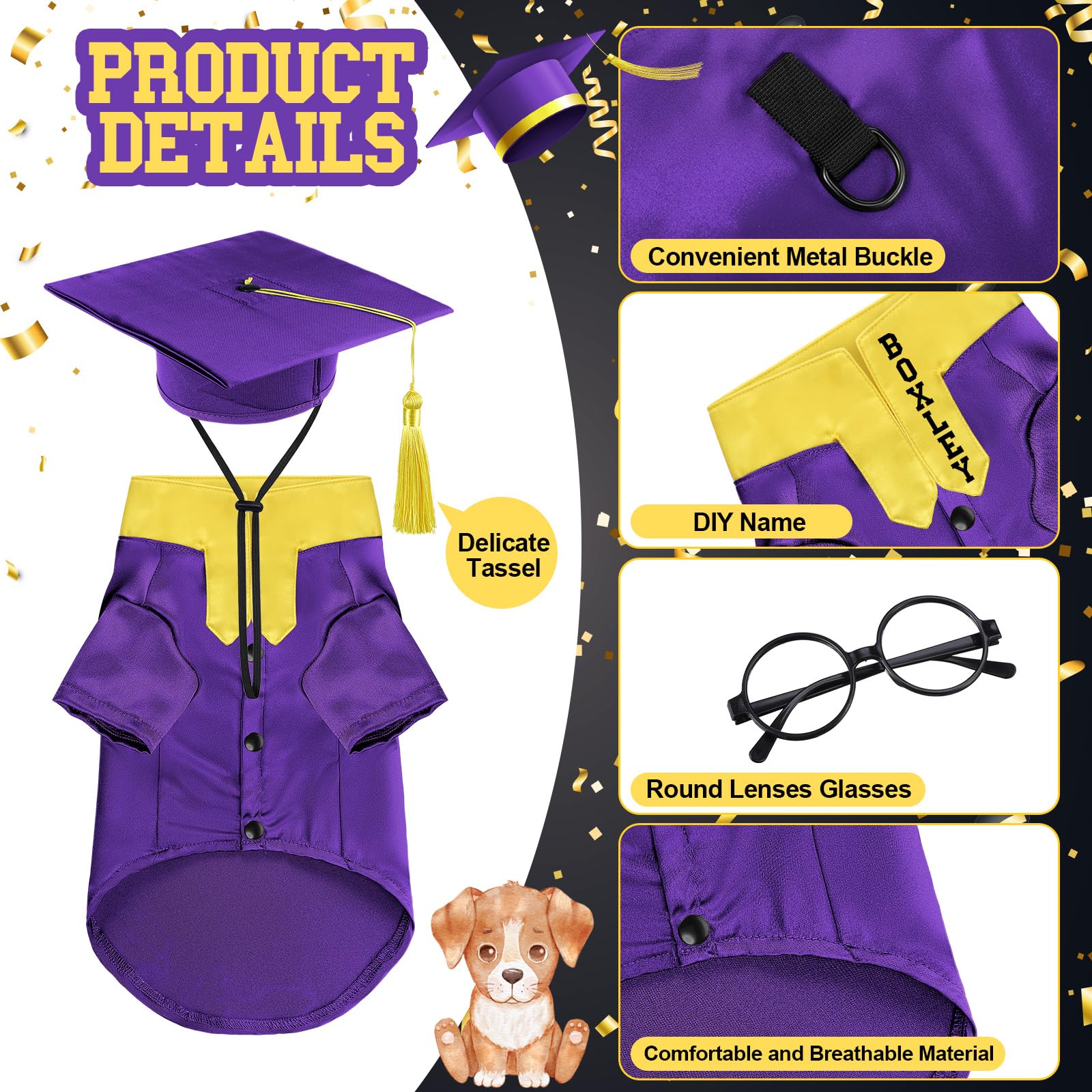 Huhumy 5 Pcs Dog Graduation Costume Set Include 2025 Pet Graduation Gown With Stole Puppy Grad Cap Lensless Glasses Diy Letter S