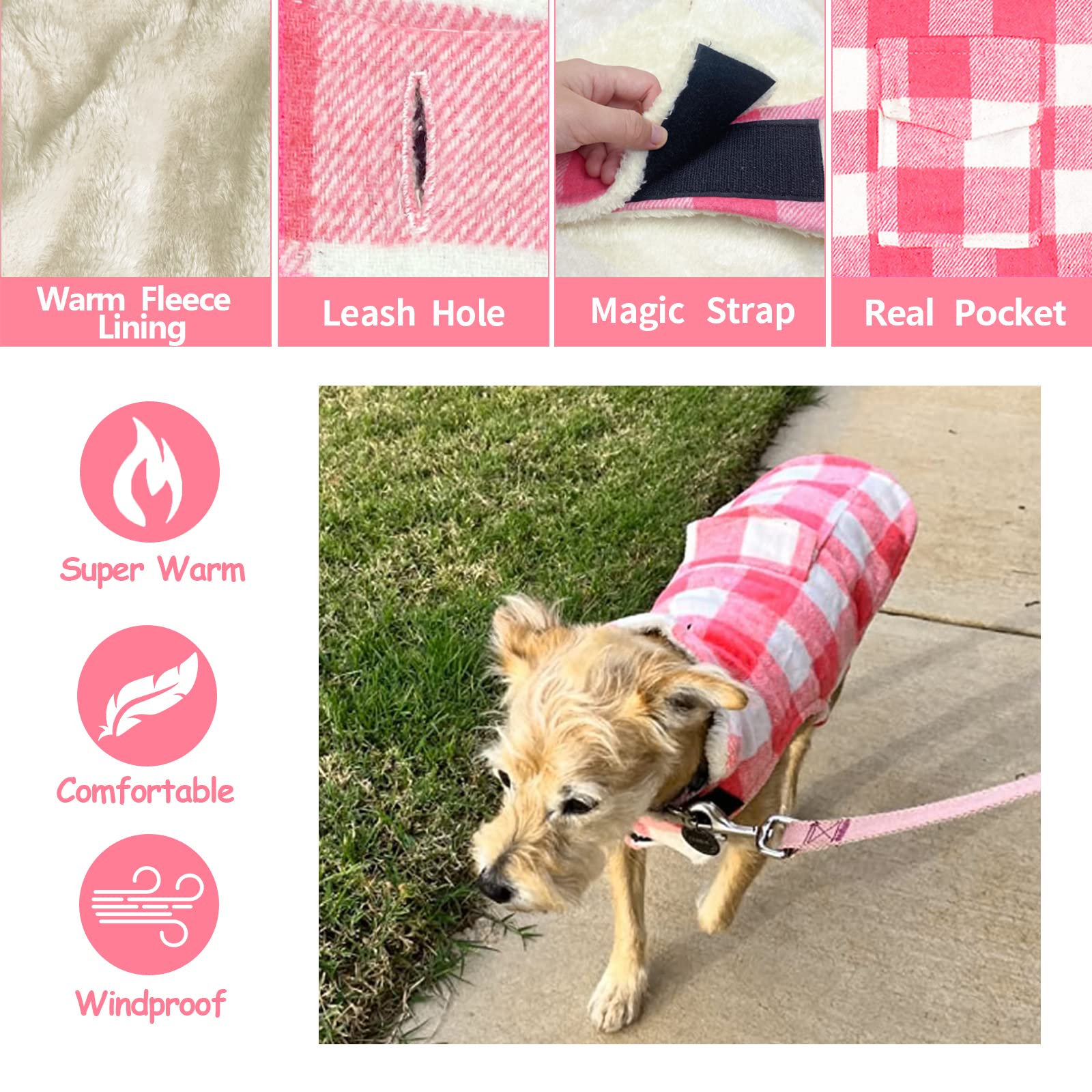 Malier Dog Winter Coat, Classic Plaid Fleece, Warm Vest for Large Dogs, Pink