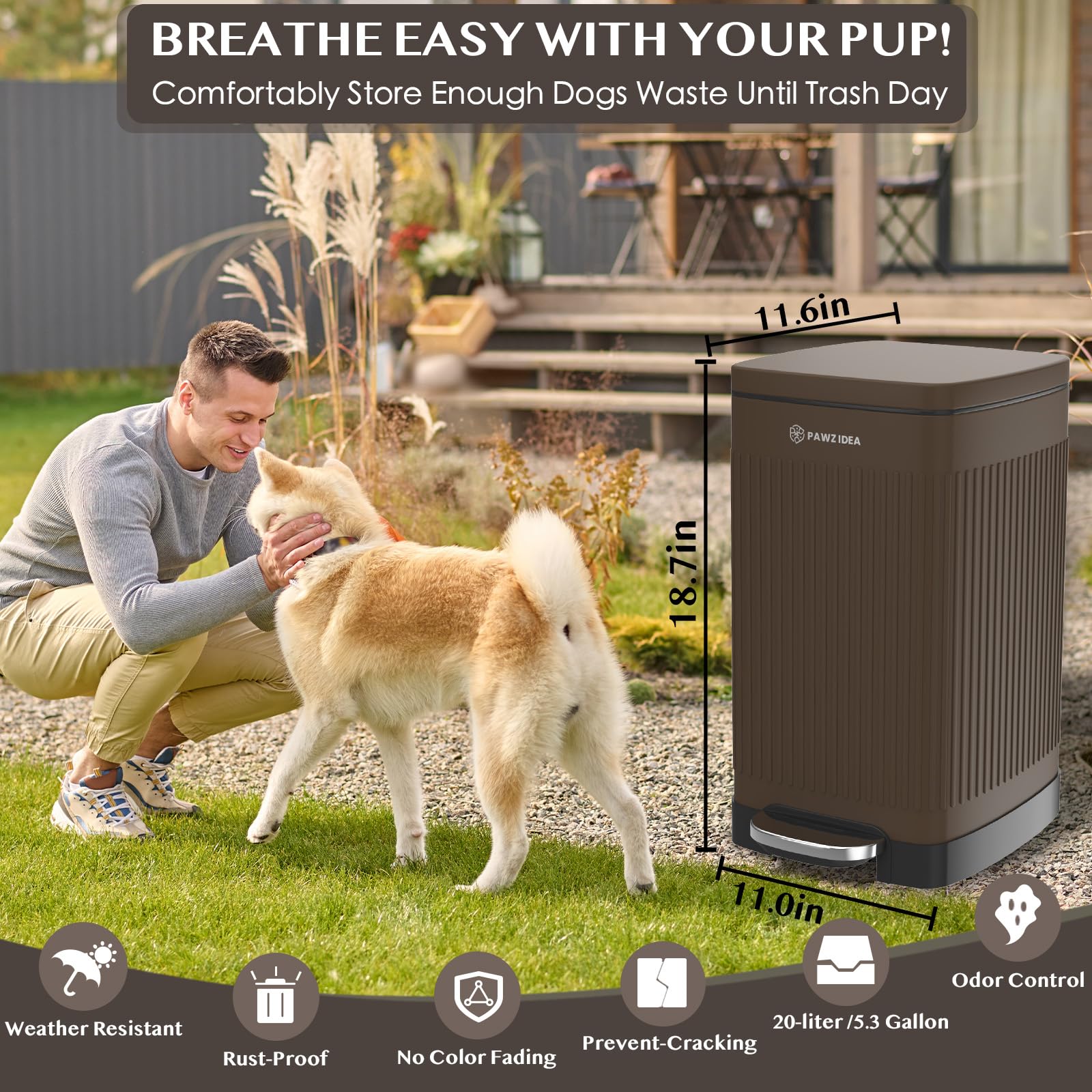 PAWZIDEA Dog Poop Trash Can - 5.3 Gallon, Waterproof, Odor Control, Chocolate Brown, Alloy Steel, Model WAKAPET04