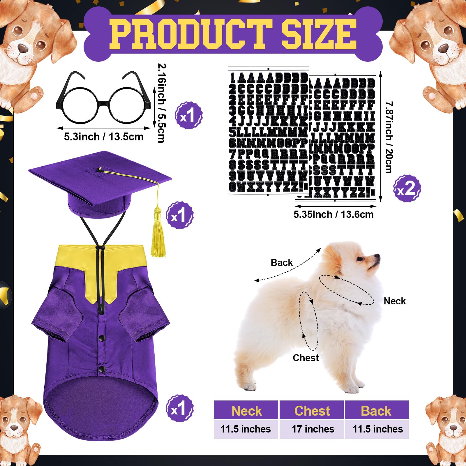 Huhumy 5 Pcs Dog Graduation Costume Set Include 2025 Pet Graduation Gown With Stole Puppy Grad Cap Lensless Glasses Diy Letter S