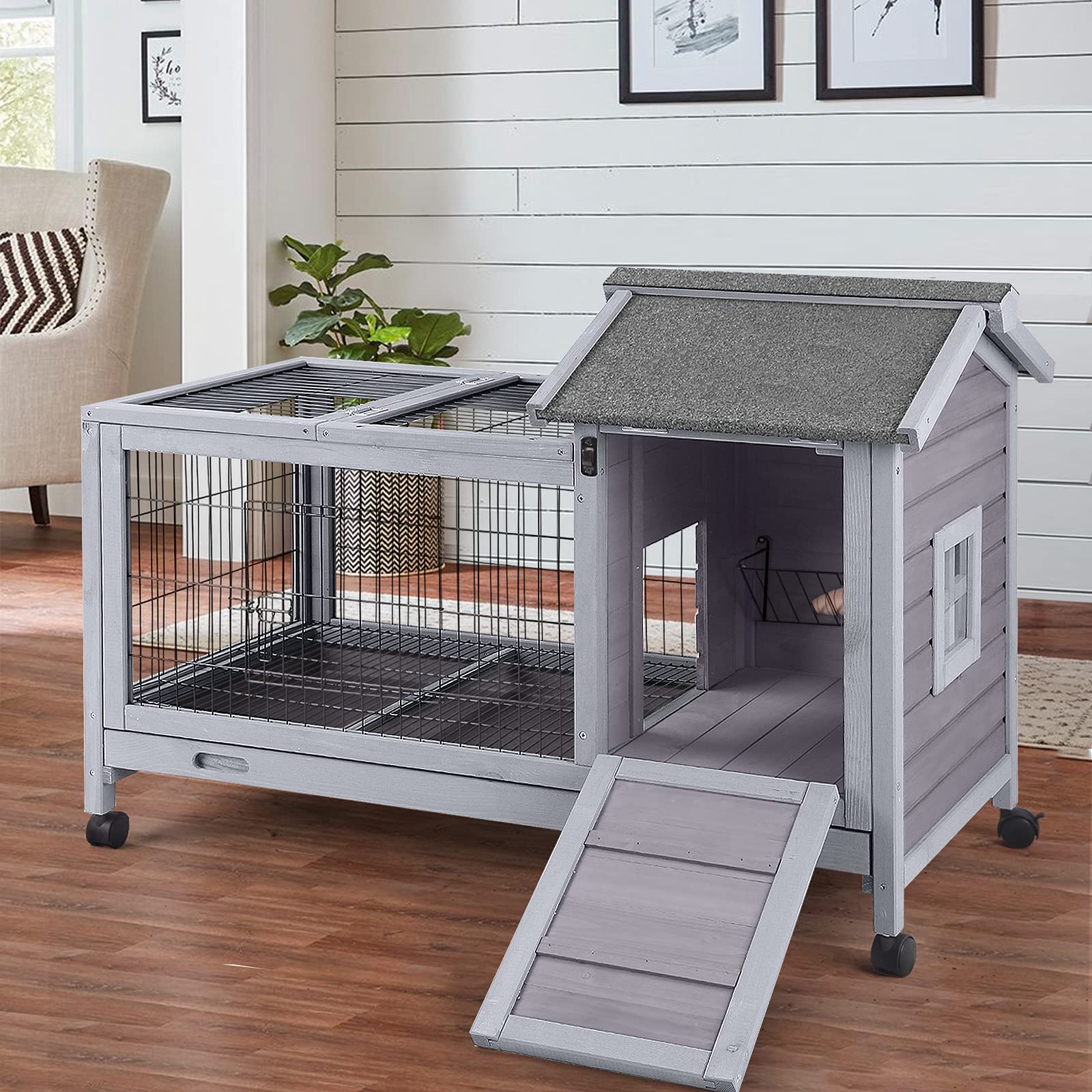 Aivituvin Rabbit Hutch Indoor Bunny Cage Outdoor Rabbit House Bunny Hutch With Deeper Leakproof Plastic Tray (Grey-24)