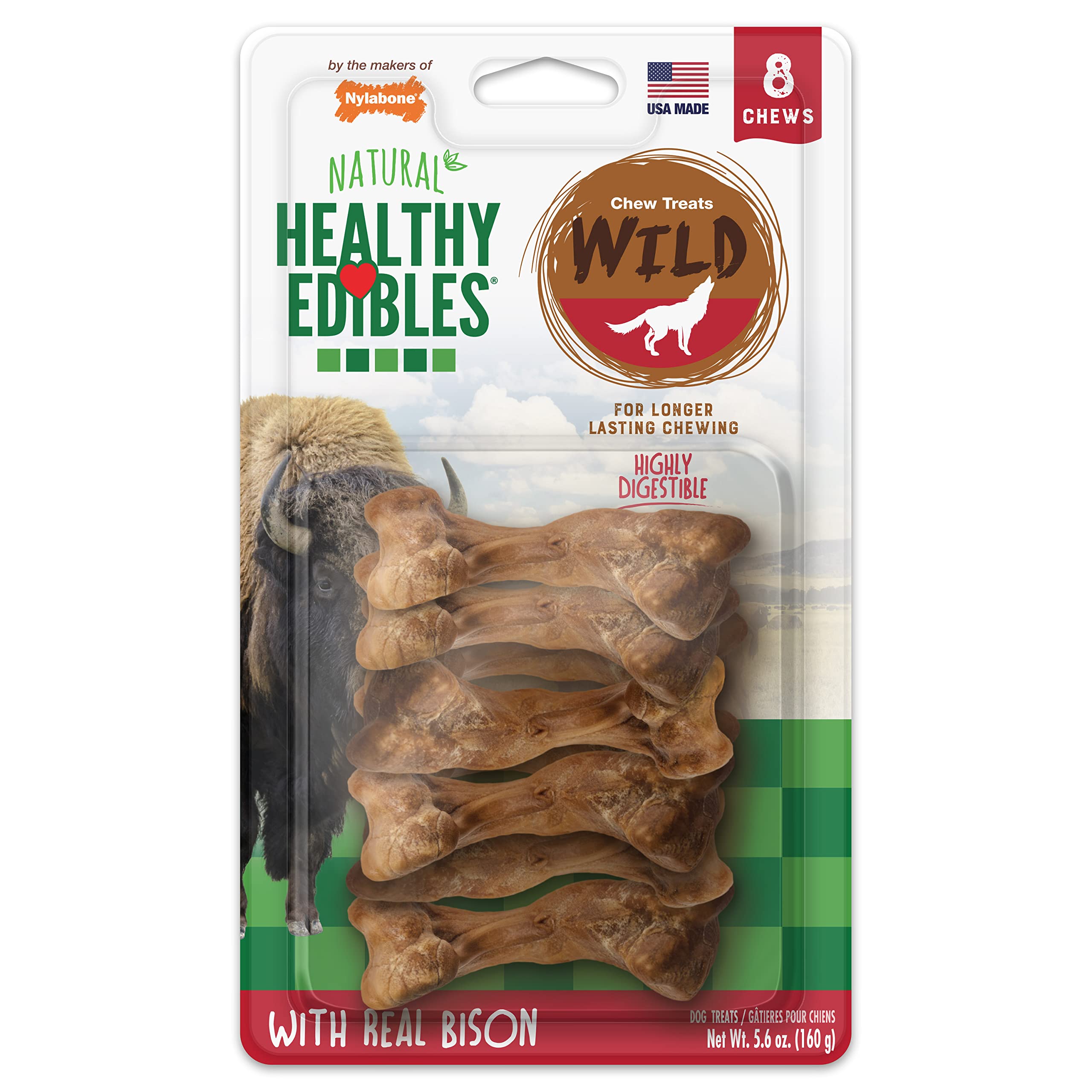 Nylabone Healthy Edibles WILD Natural Long-Lasting Bison Flavor Bone Chew Treats for Dogs, Small (8 Count)