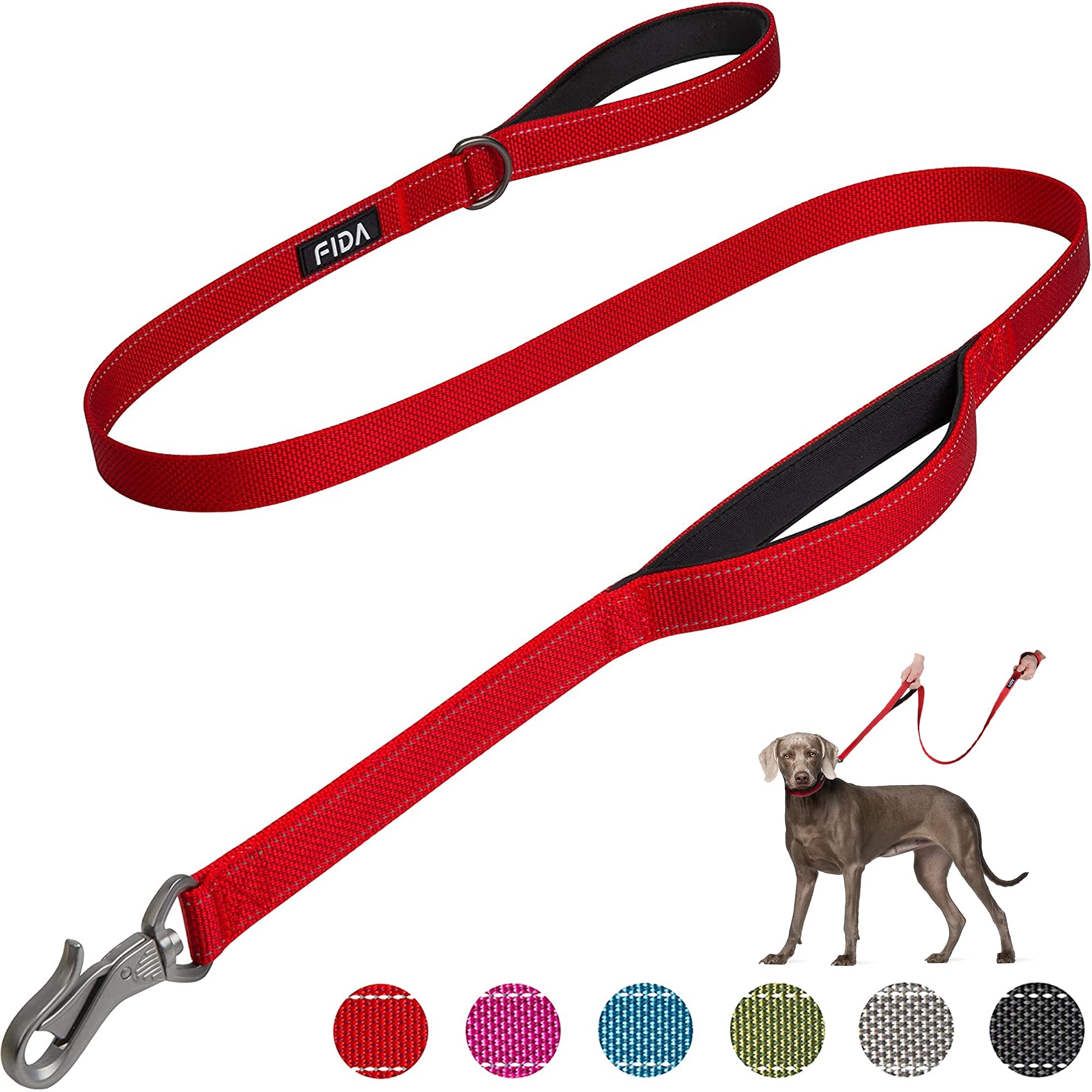 Fida 5 Ft Heavy Duty Dog Leash With 2 Comfortable Padded Handles, Traffic Handle & Advanced Easy Snap Hook, Reflective Walking Lead For Large, Medium & Small Breed Dogs, Red