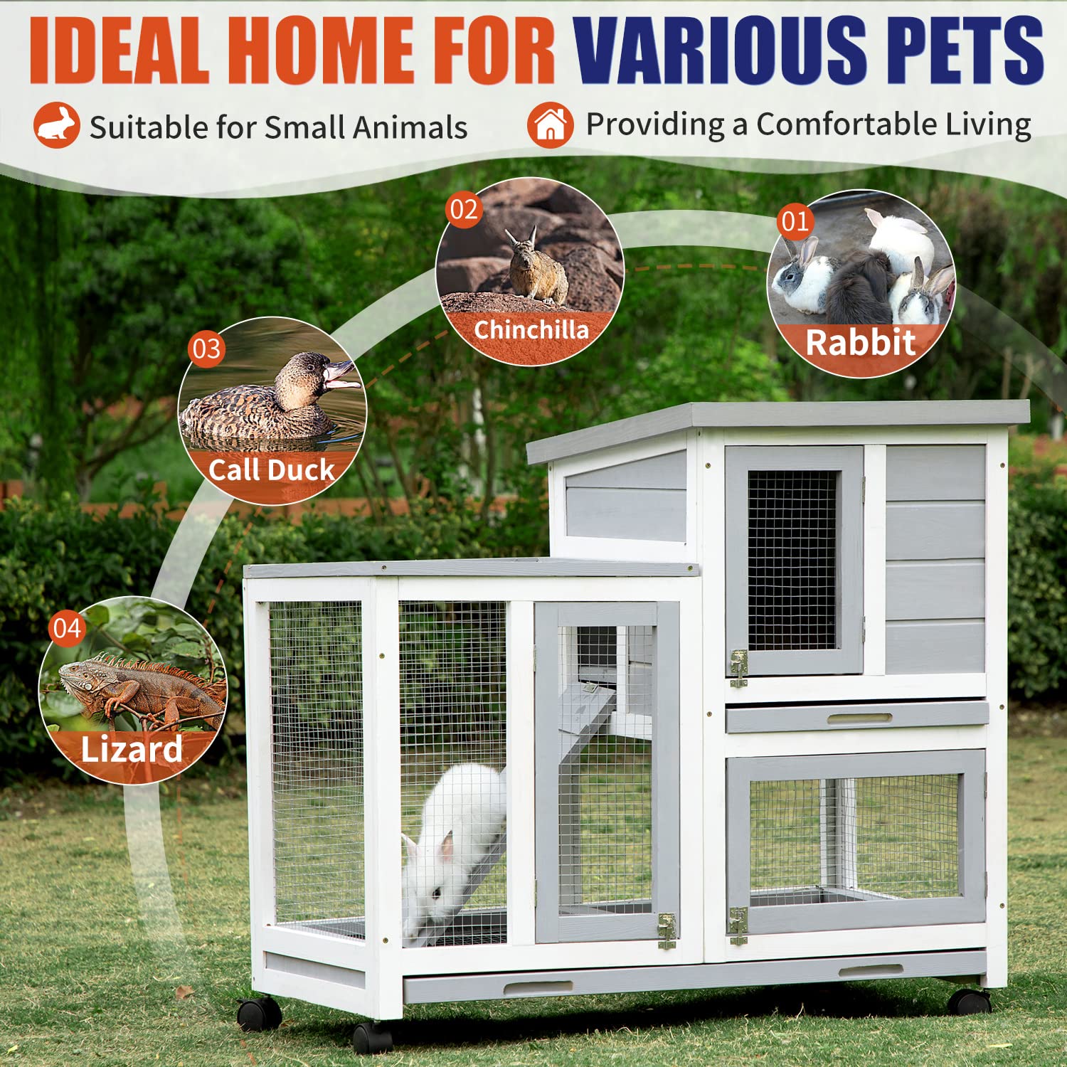 Graessa Rabbit Hutch, Indoor Rabbit Cage Two Story Bunny Hutch With Wheels Guinea Pig Cages With Removable No Leaking Tray, Ramp