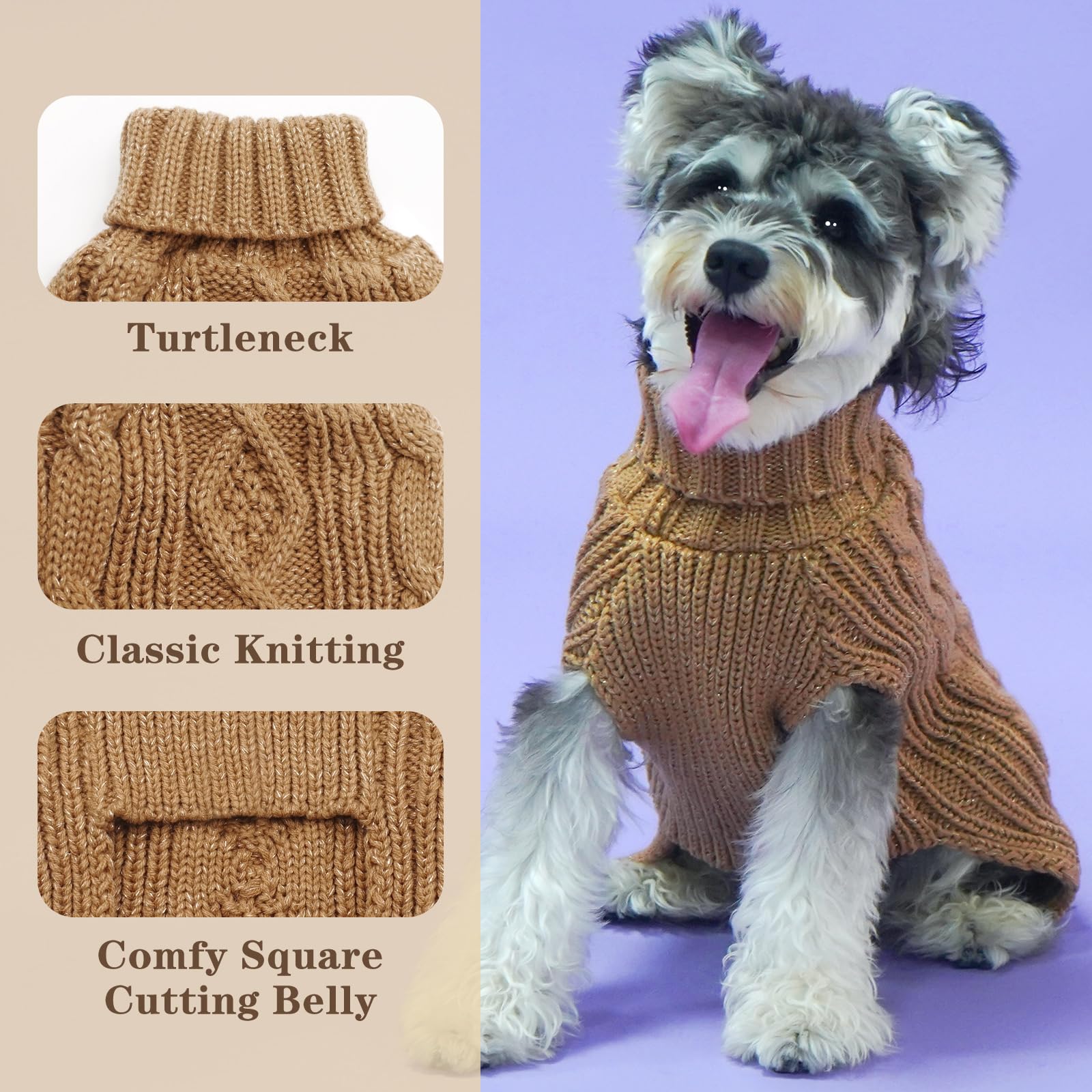 Kyeese Dog Sweaters For Medium Dogs Turtleneck Dog Cable Knit Puppy Sweater With Golden Thread For Cold Weather, Brown, Large